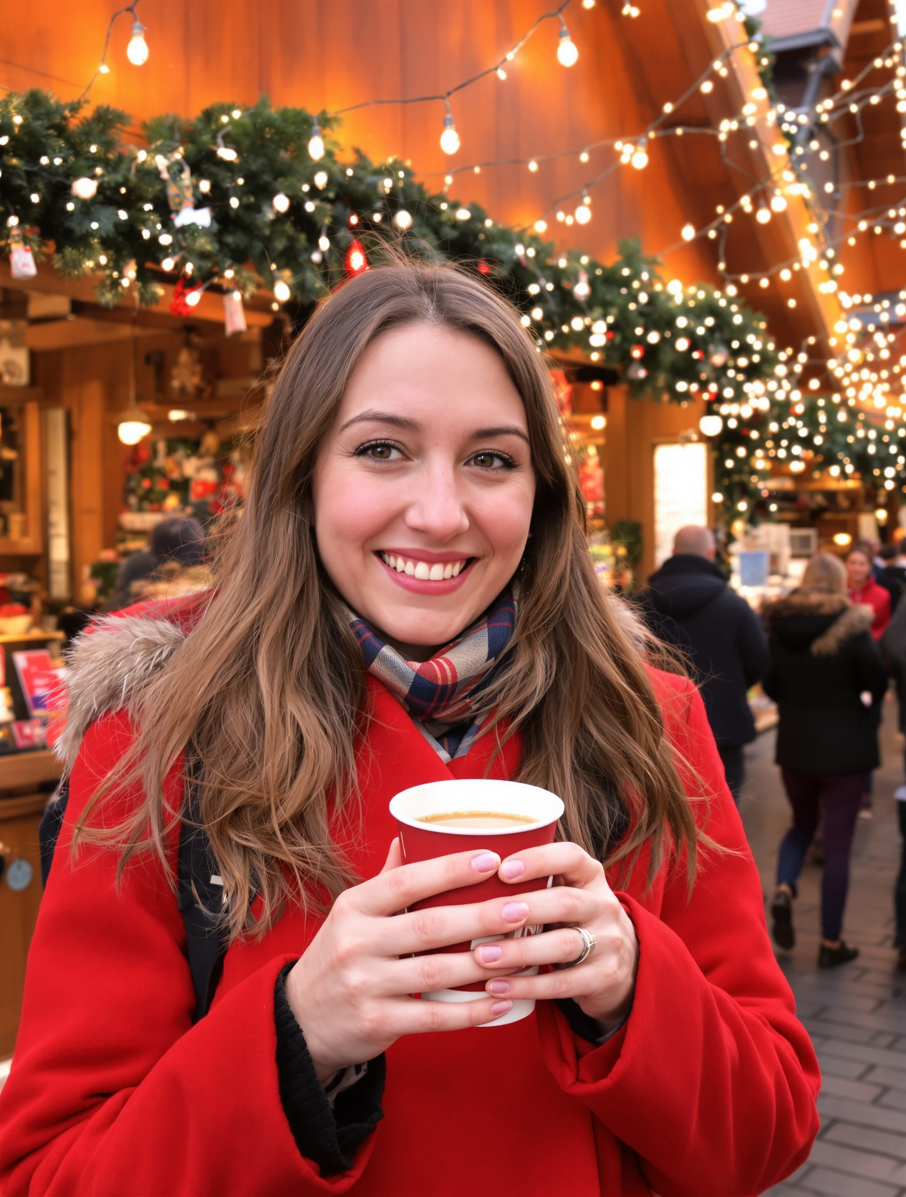 Woman in a red coat holding a paper cup of mulled wine at a European Christmas market, wooden stalls and string lights glowing behind her, rosy cheeks and a warm smile.