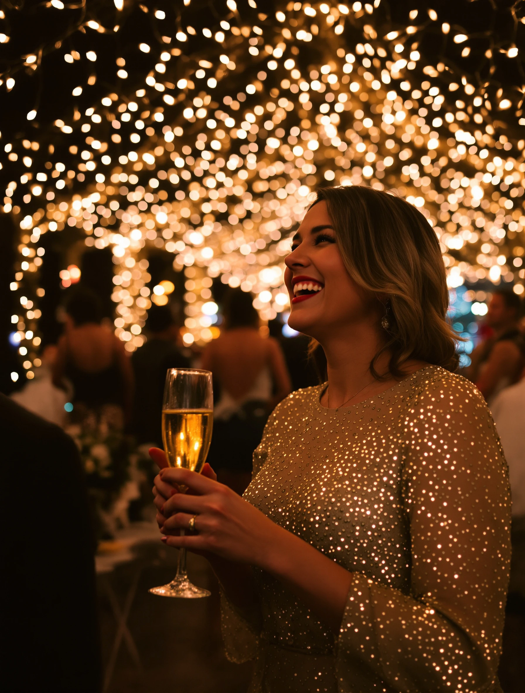 Woman in a sparkly gold dress under a canopy of warm fairy lights at a holiday party, holding a champagne flute, laughing, dreamy bokeh.