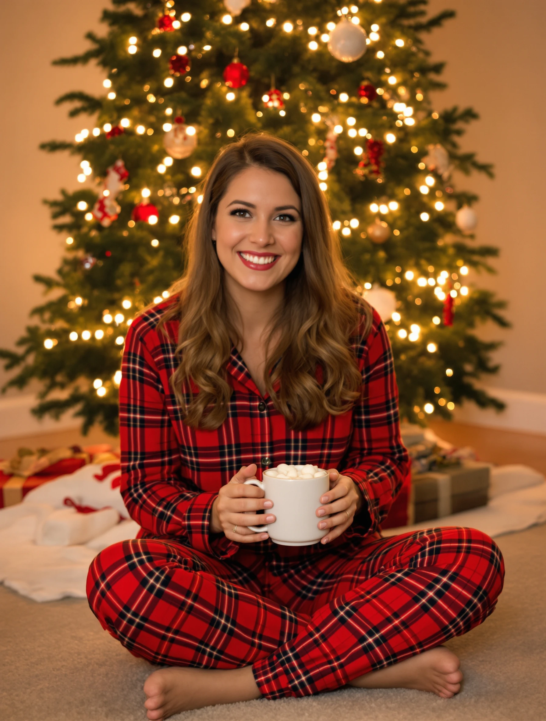 Woman in red flannel pajamas s