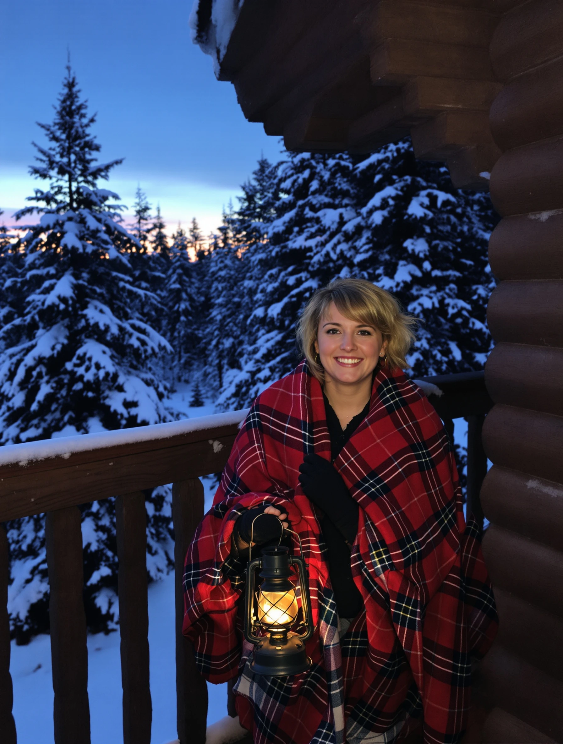 Woman wrapped in a plaid blanket on the porch of a log cabin holding a lantern, snow-covered pines behind her, quiet peaceful smile at dusk.
