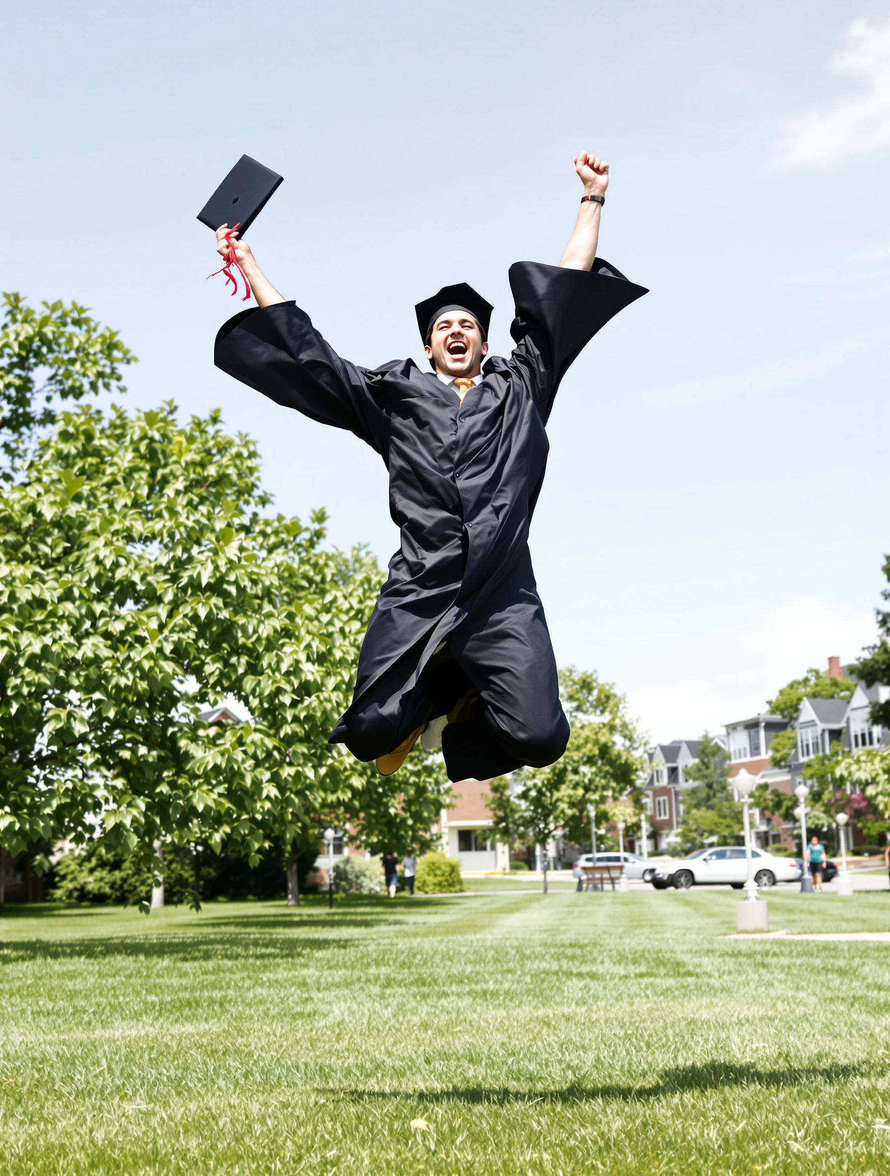 College graduate man in a black cap and gown leaping into the air on the campus lawn with his diploma raised, mid-jump, pure joy, sunny sky.