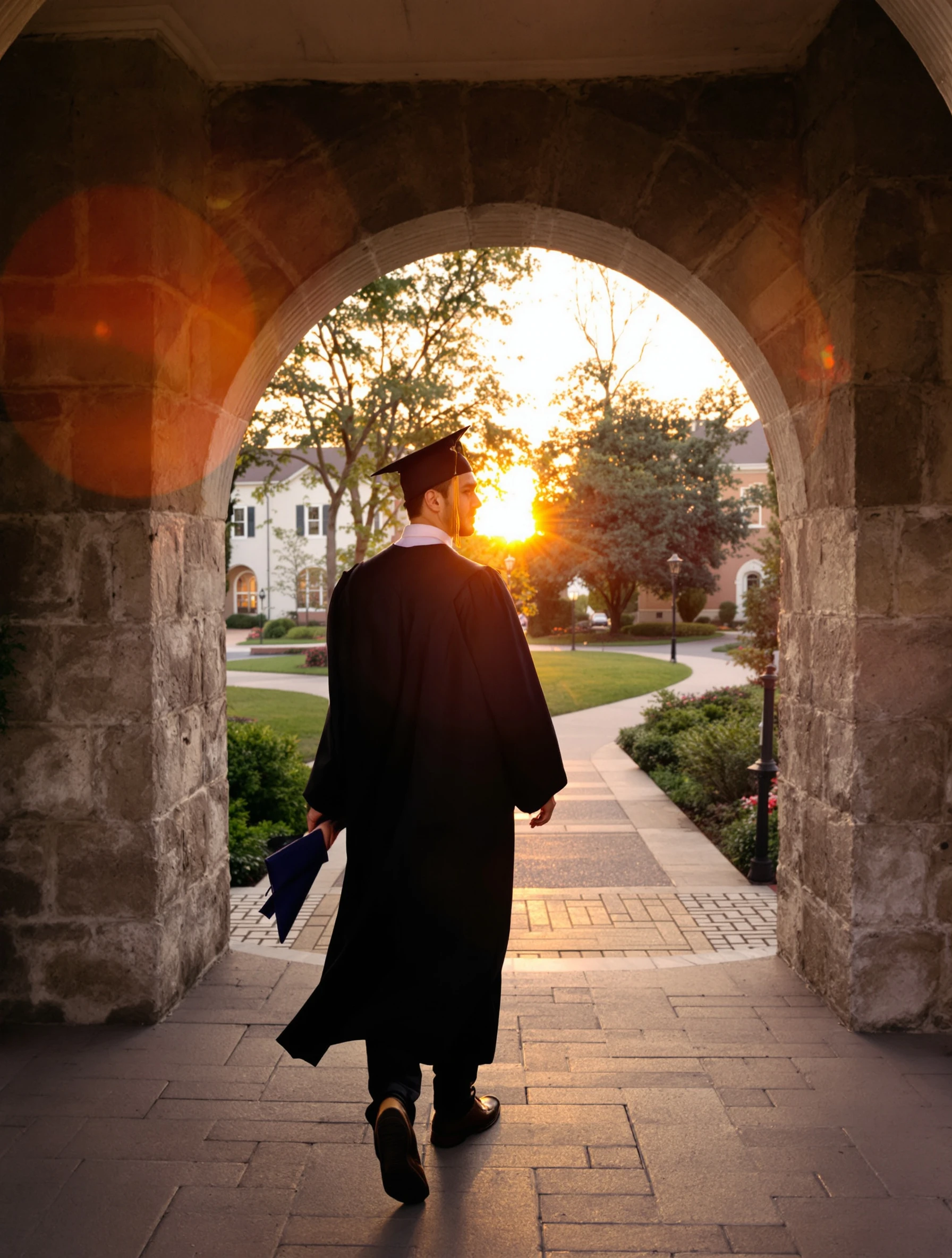 Graduate man in a black gown walking through a stone archway on campus at golden hour, looking back over his shoulder, diploma in hand.