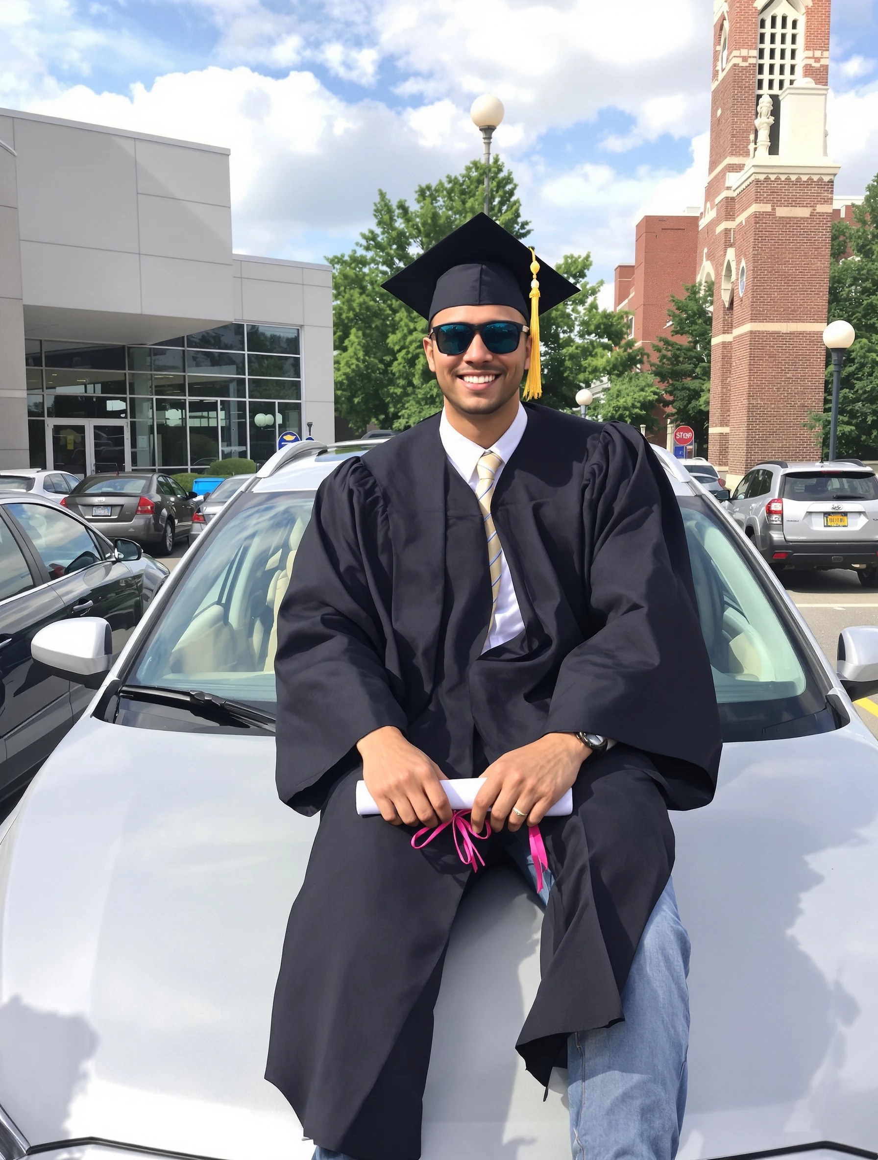 Graduate man in a gown sitting on the hood of his car in the campus parking lot with his diploma, sunglasses on, relaxed grin, ready to leave.
