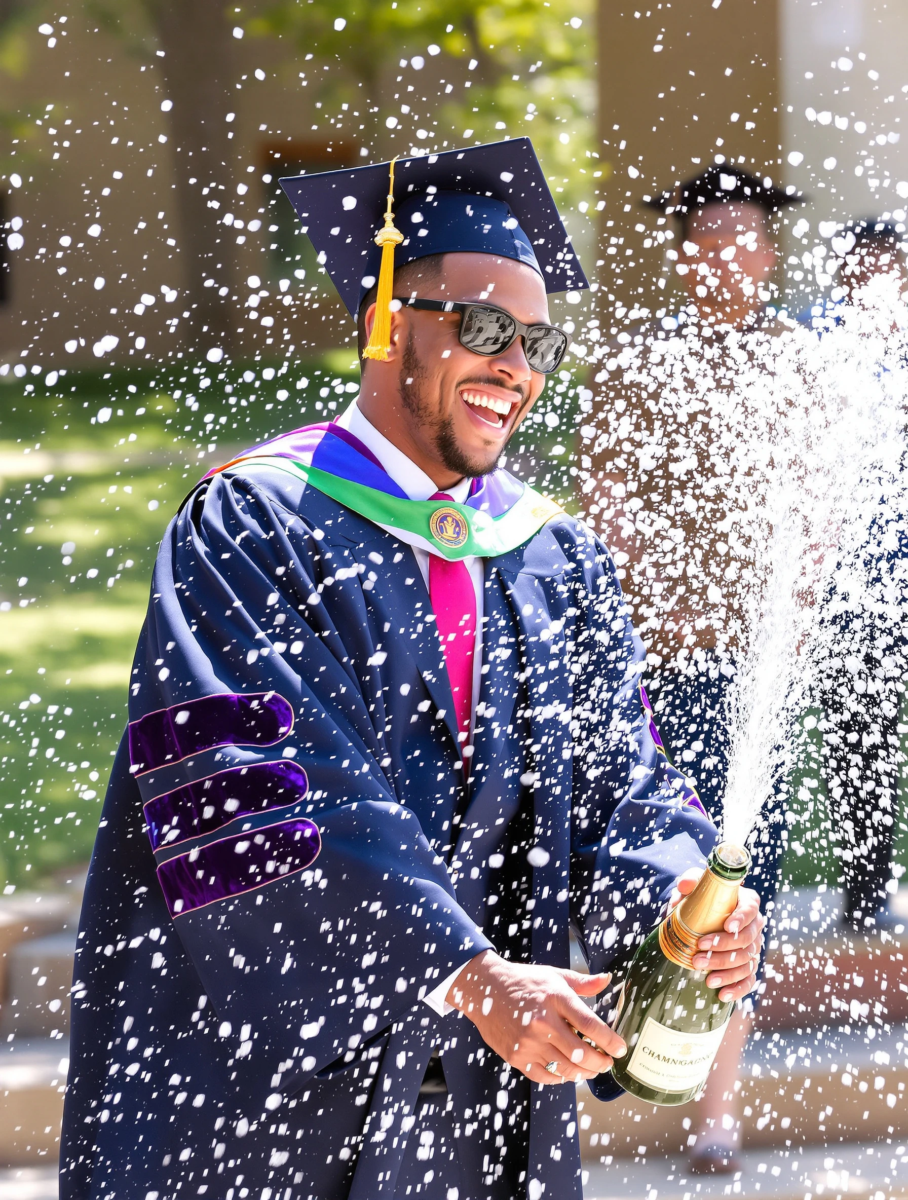 Graduate man in a navy suit under an open gown popping a champagne bottle on the quad, spray catching the sunlight, big laugh.