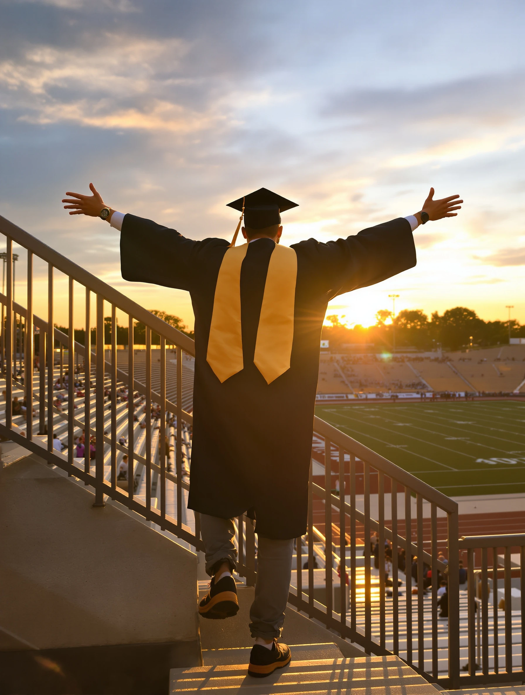 Graduate man in cap and gown at the top of the stadium stairs at sunset, arms outstretched, the field glowing gold below him.