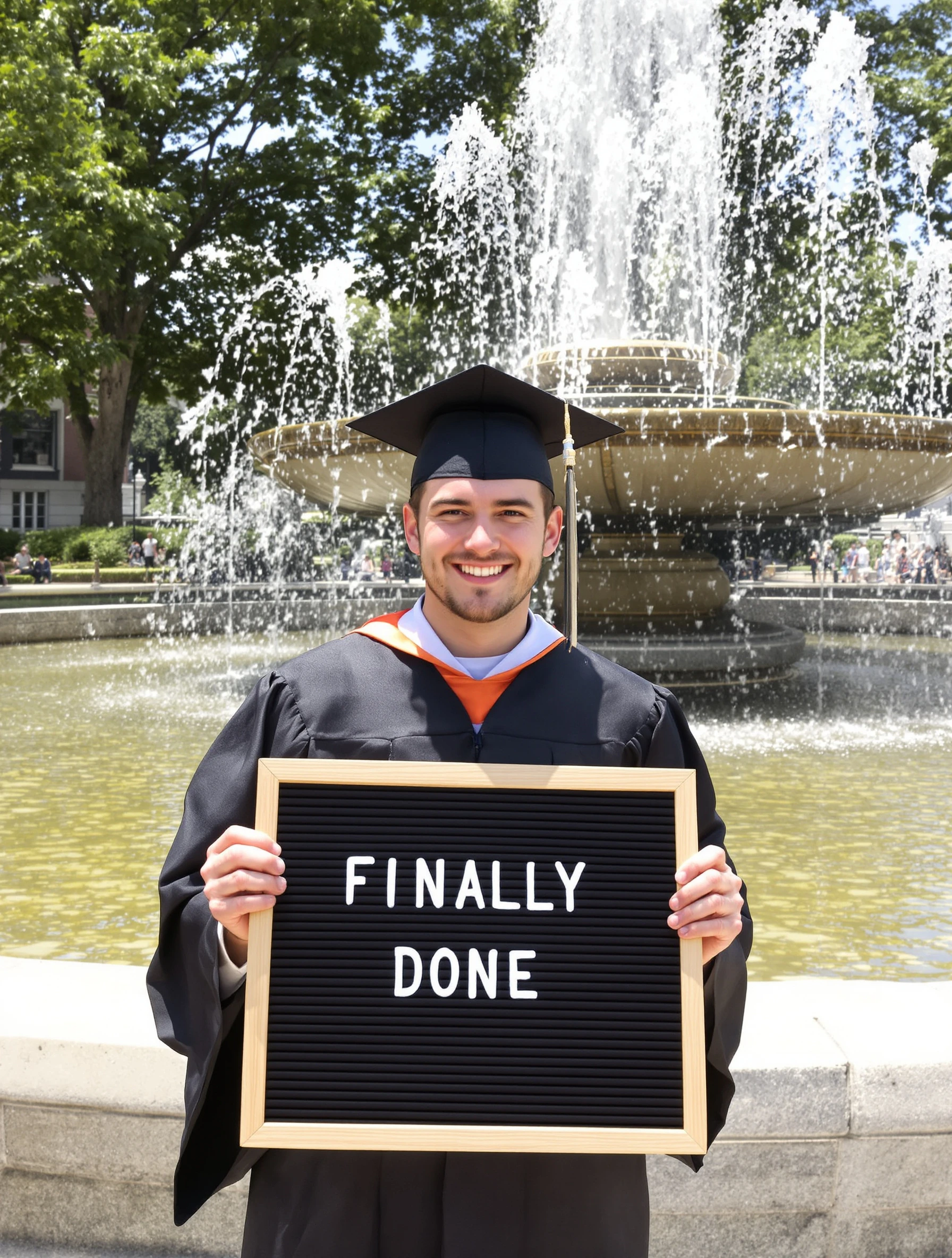Graduate man in cap and gown holding a letter board reading Finally Done in front of the campus fountain, cheeky grin, bright sunny day.