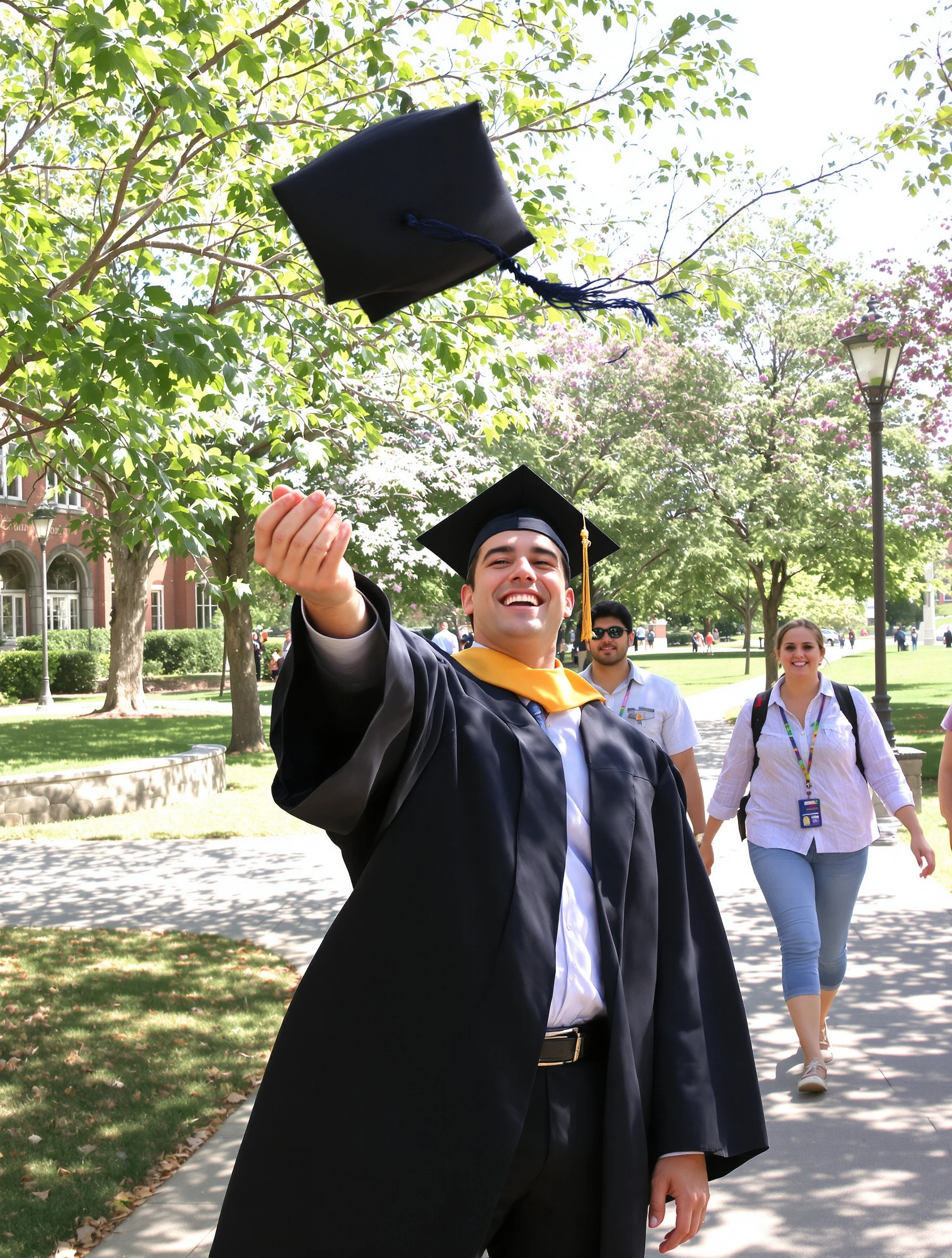 Graduate man throwing his cap toward the camera on a sunny campus path, cap slightly blurred in flight, wide grin, friends blurred behind him.