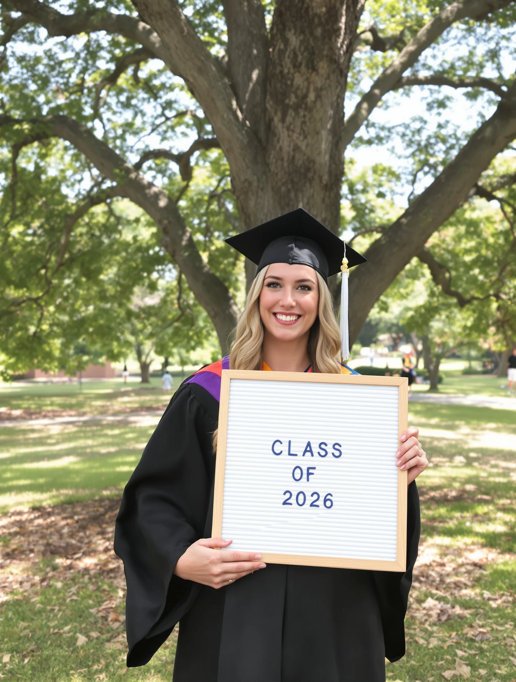 Graduate woman holding a letter board that reads Class of 2026 in front of a big oak tree on campus, cap tilted, playful smile, dappled light.