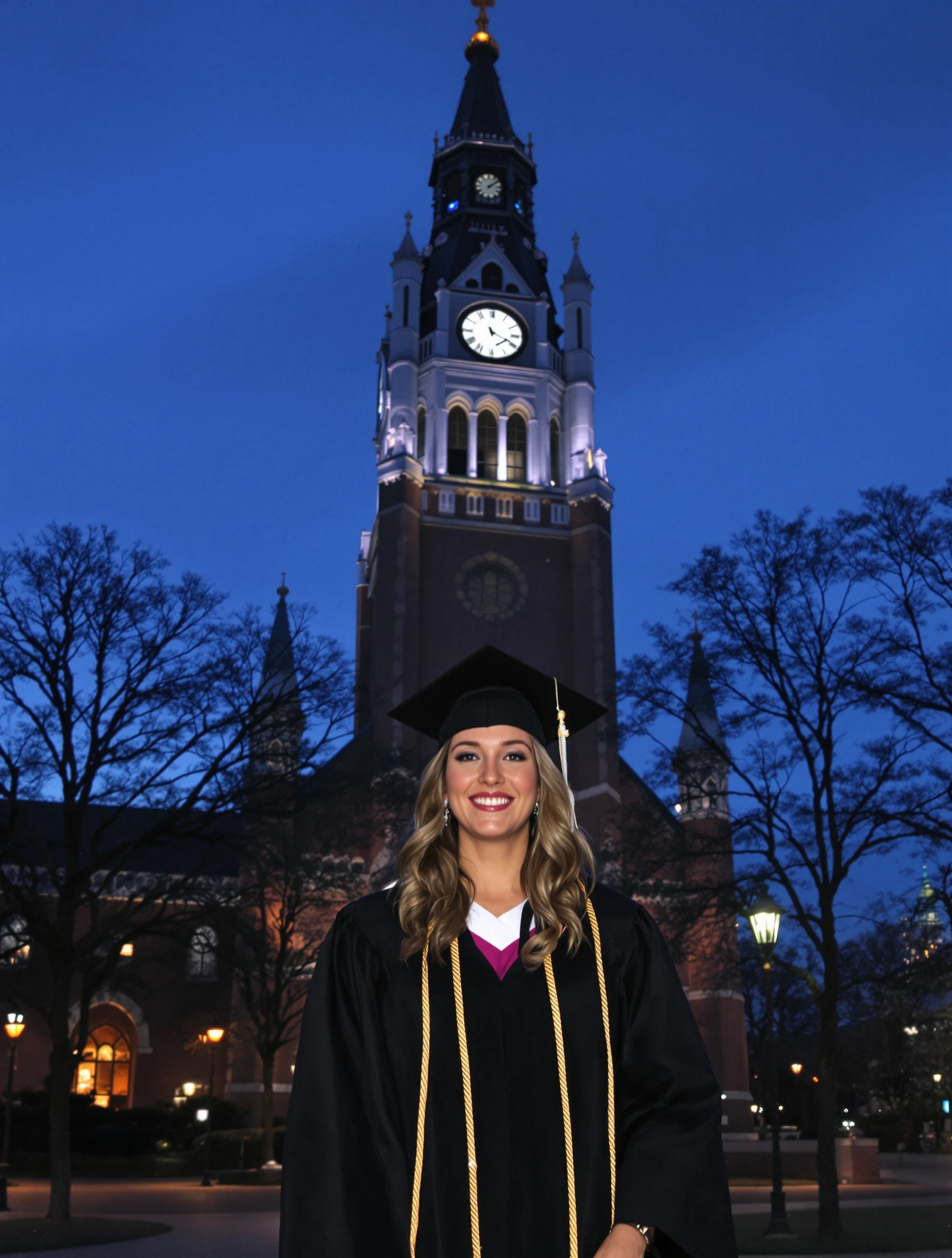 Graduate woman in a black gown at blue hour in front of the illuminated clock tower of her university, city lights twinkling, calm confident pose.