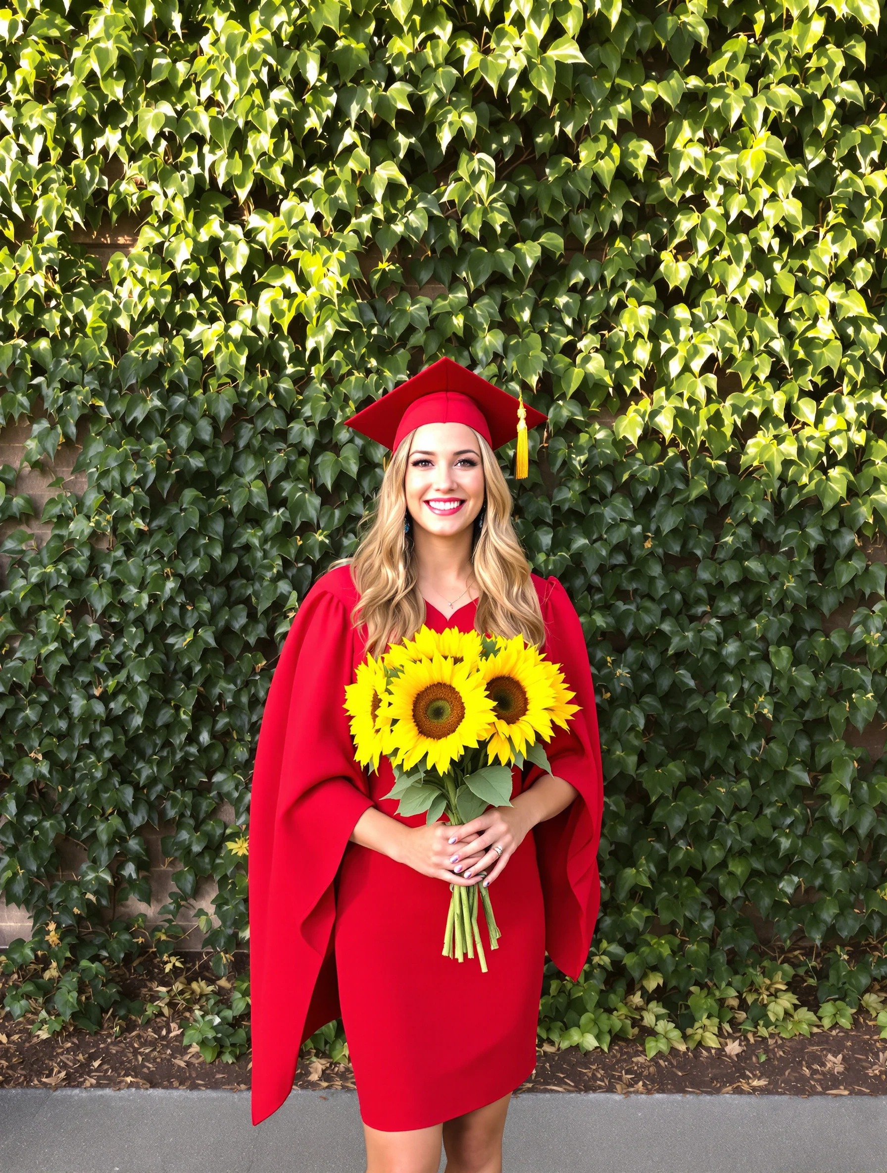 Graduate woman in a fitted red dress and gown holding a bouquet of sunflowers in front of the ivy-covered wall of her college, golden hour glow, radiant smile.