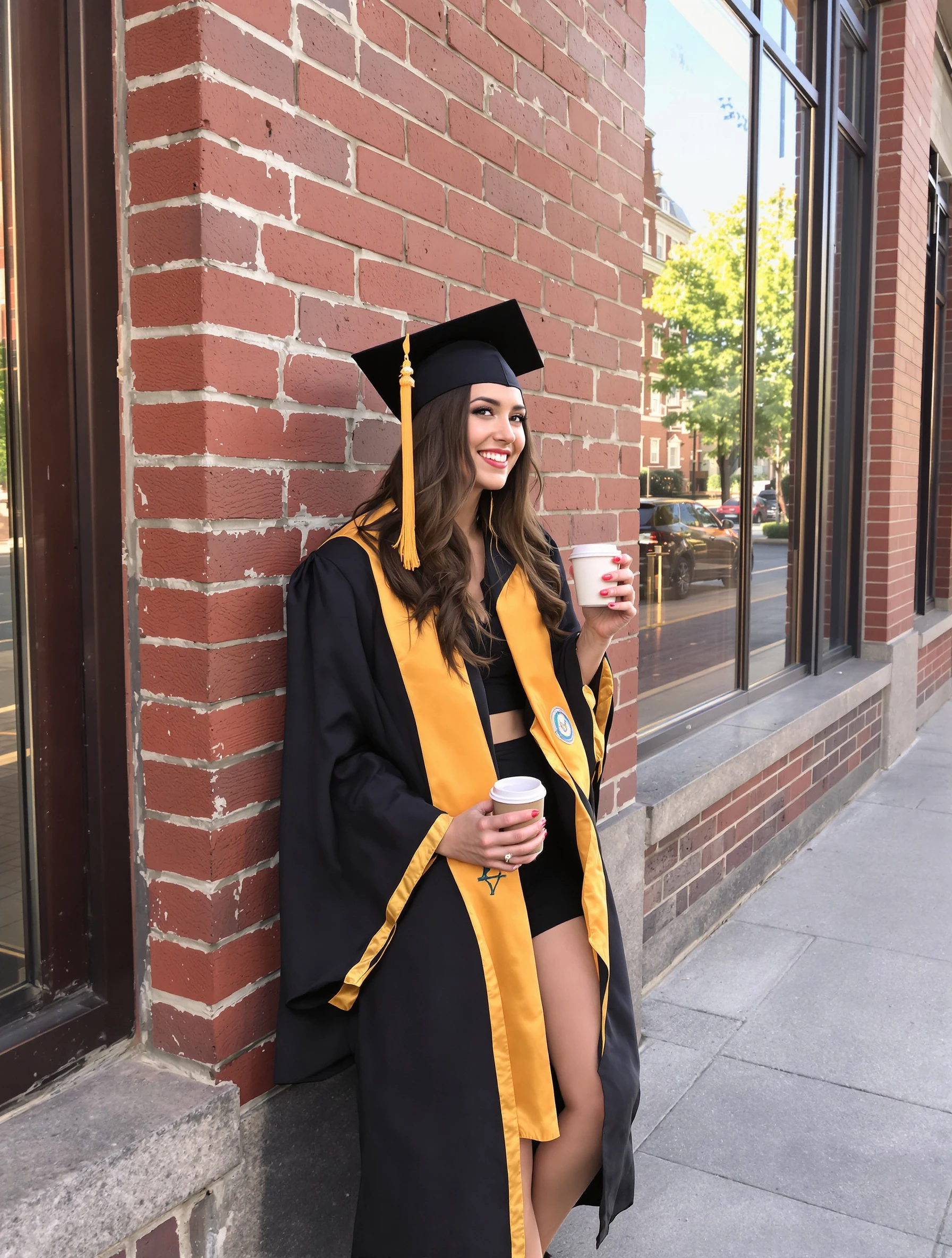 Graduate woman in cap and gown leaning against a brick wall downtown with a coffee in hand, relaxed candid moment, golden side light.