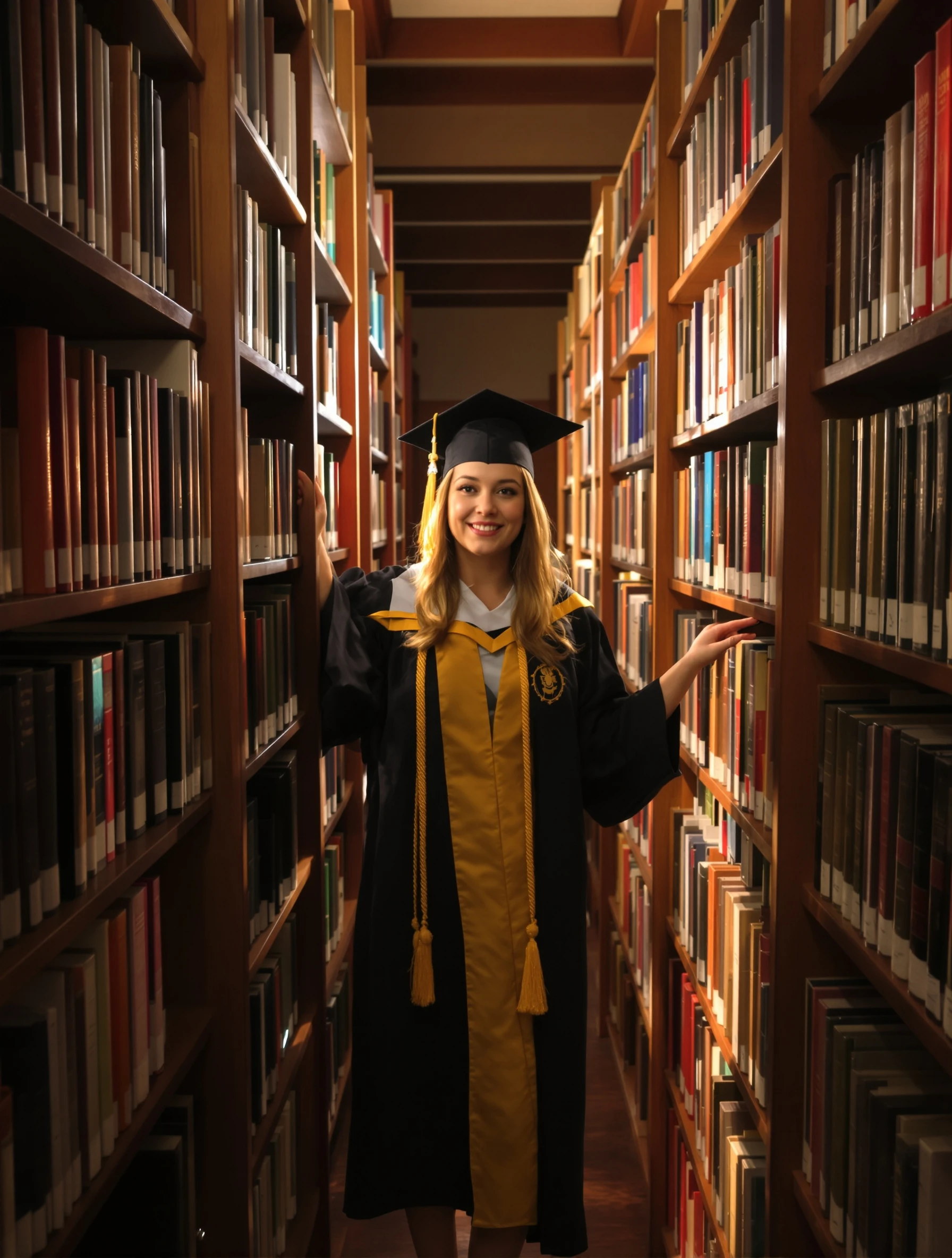 Graduate woman in her cap and gown standing in the middle of a university library aisle, one hand on the shelves, warm window light, quiet proud expression.