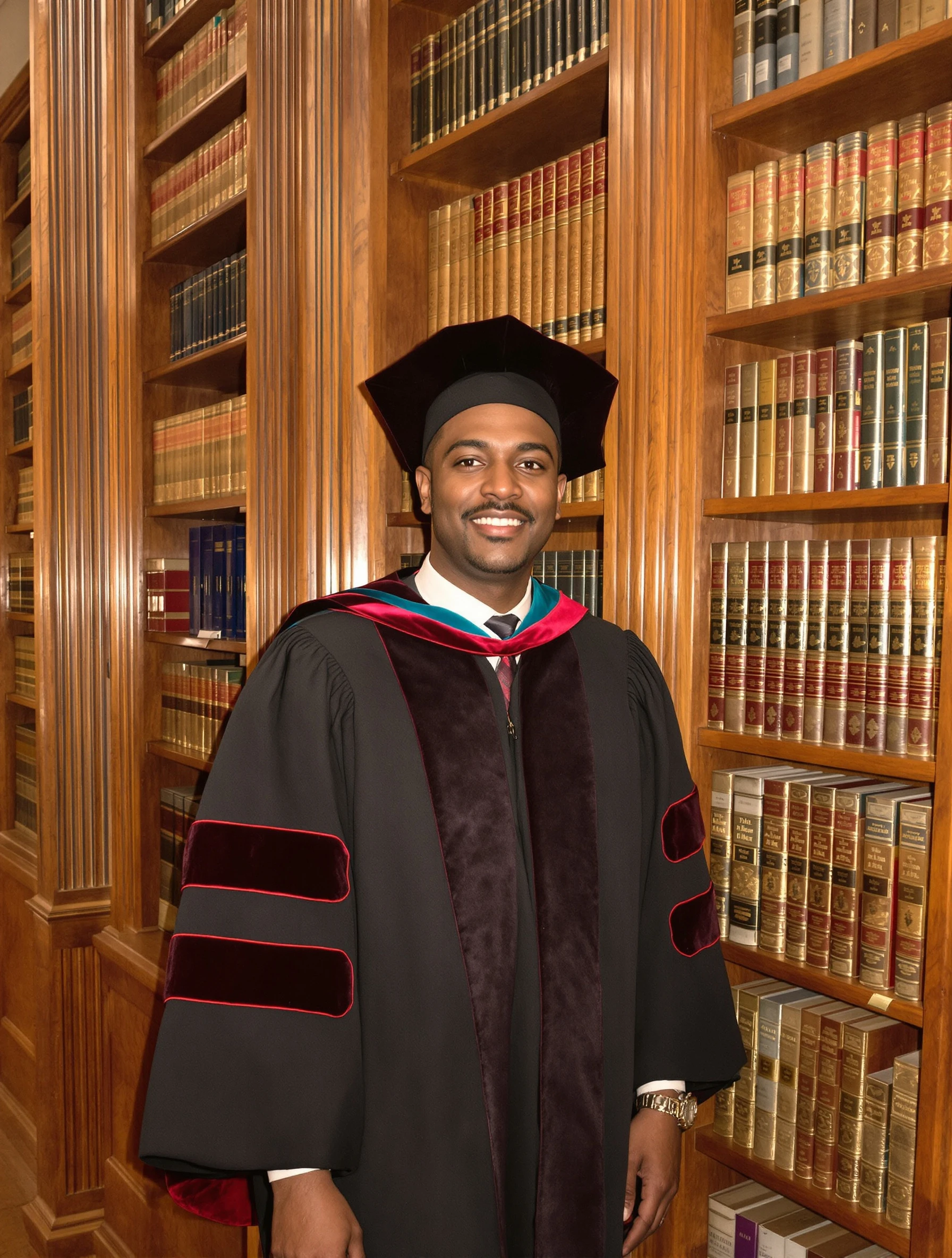 Man in a doctoral gown with velvet trim and a tam standing beside tall bookshelves in a wood-paneled university library, dignified proud expression.