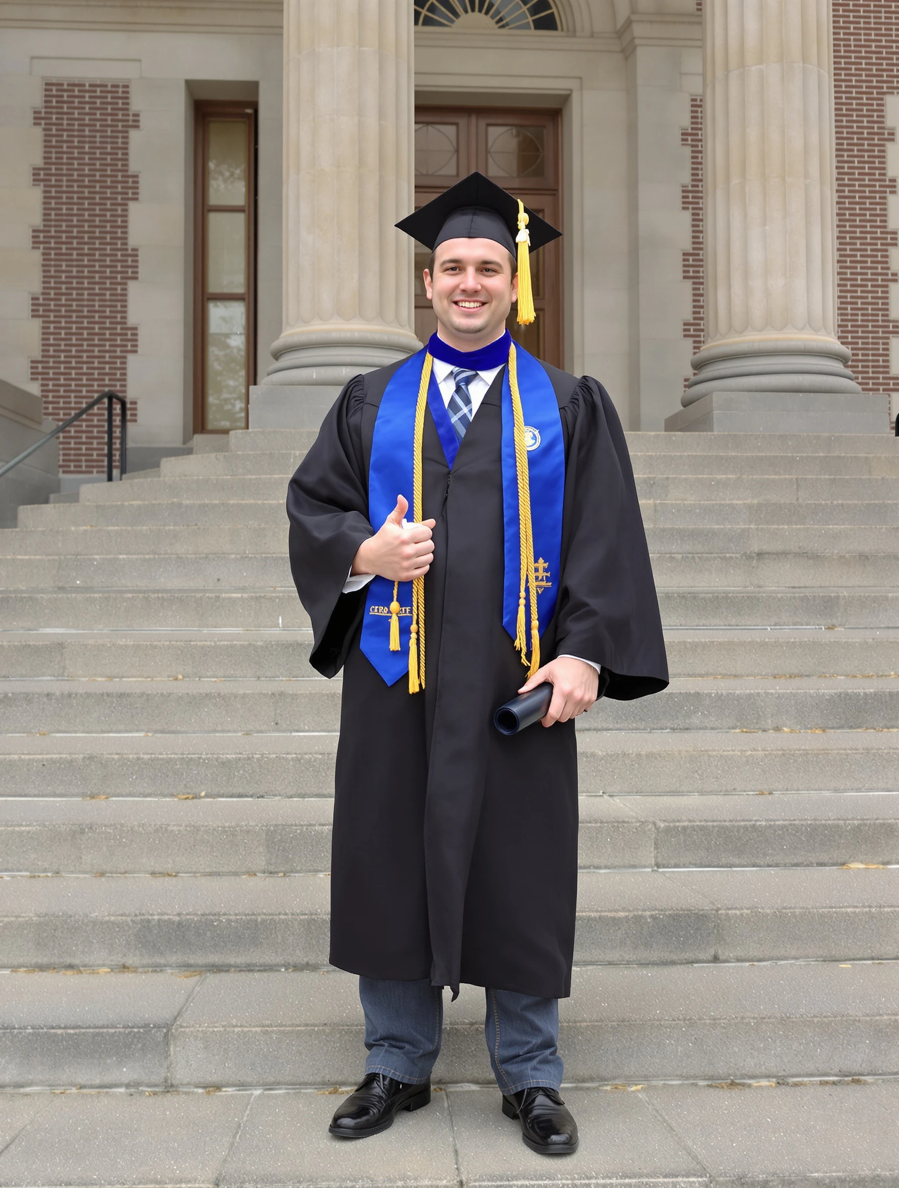 Man in a graduation gown and blue honors cords standing on the stone steps of a university hall, diploma under one arm, classic proud portrait, soft overcast light.