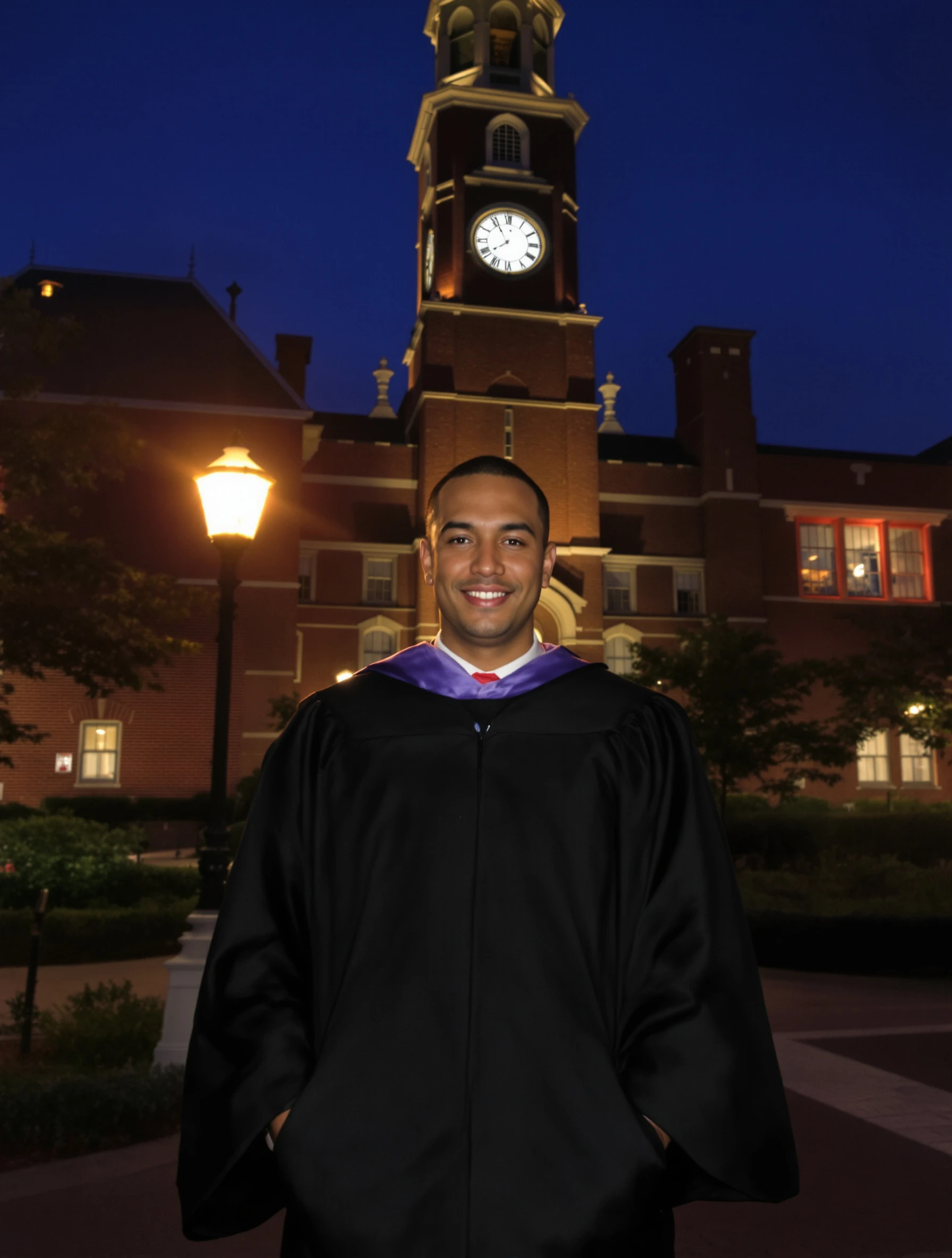 Man in a graduation gown at blue hour in front of the lit-up university clock tower, hands in pockets, calm proud smile, warm lamps glowing.