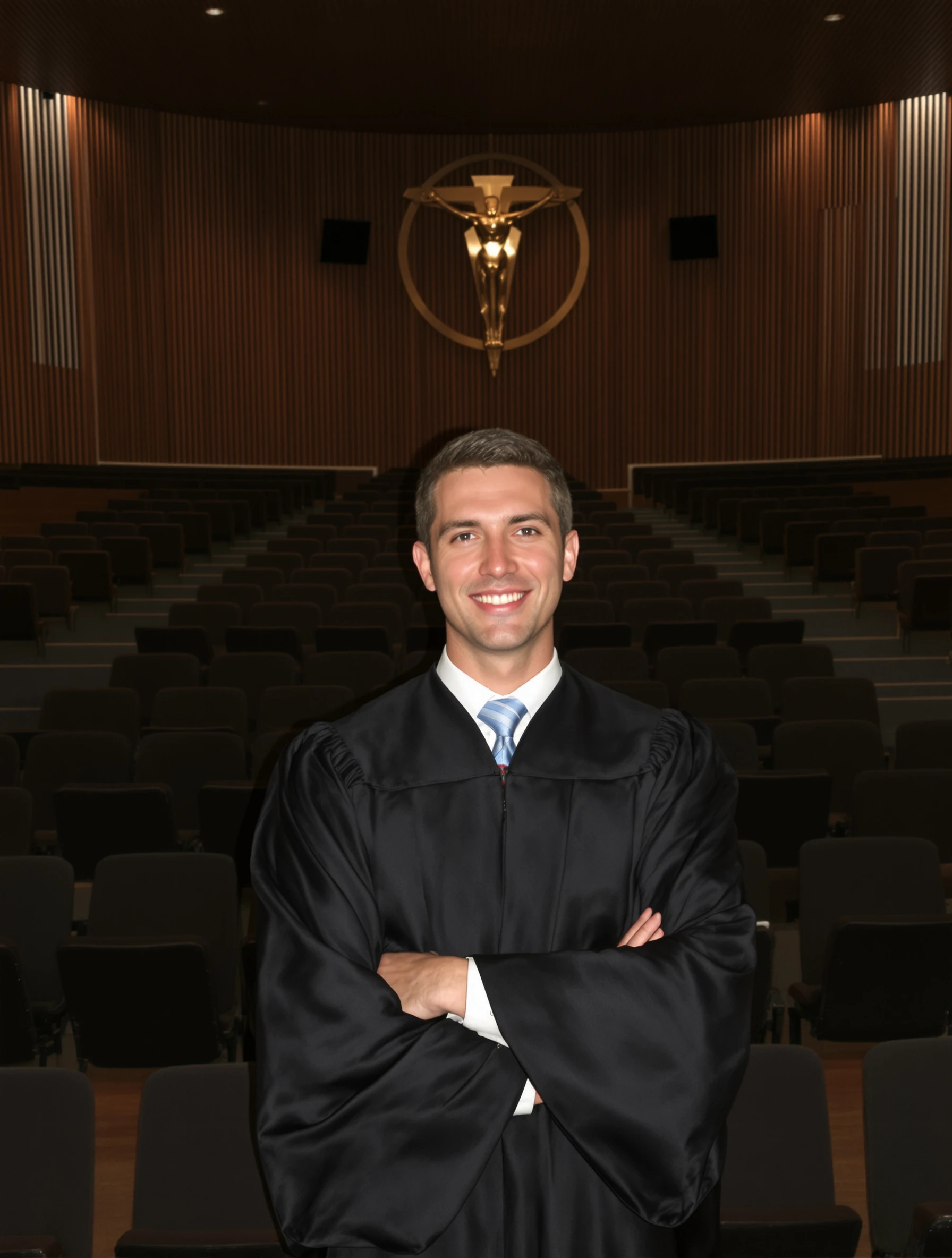 Man in a graduation gown standing at the center of an empty lecture hall, rows of seats fanning out behind him, arms crossed, satisfied smile.