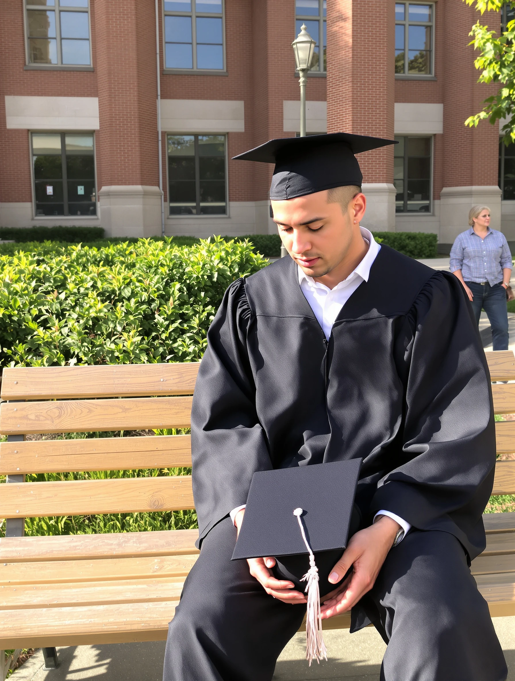 Man in cap and gown sitting on a bench in front of the campus library with his cap in his hands, looking down at it thoughtfully, warm afternoon light.