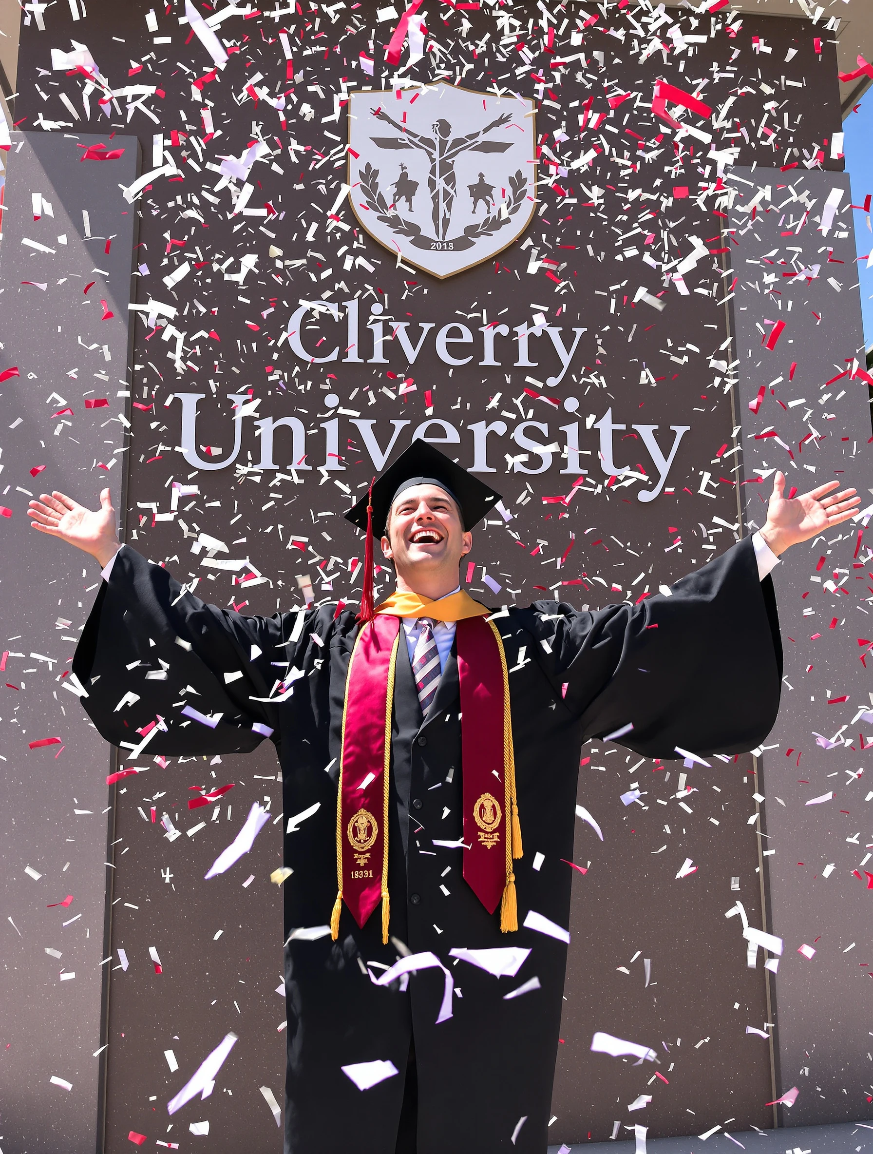 Man in cap and gown standing under falling confetti in front of the university sign, laughing, arms out, bright midday sun.