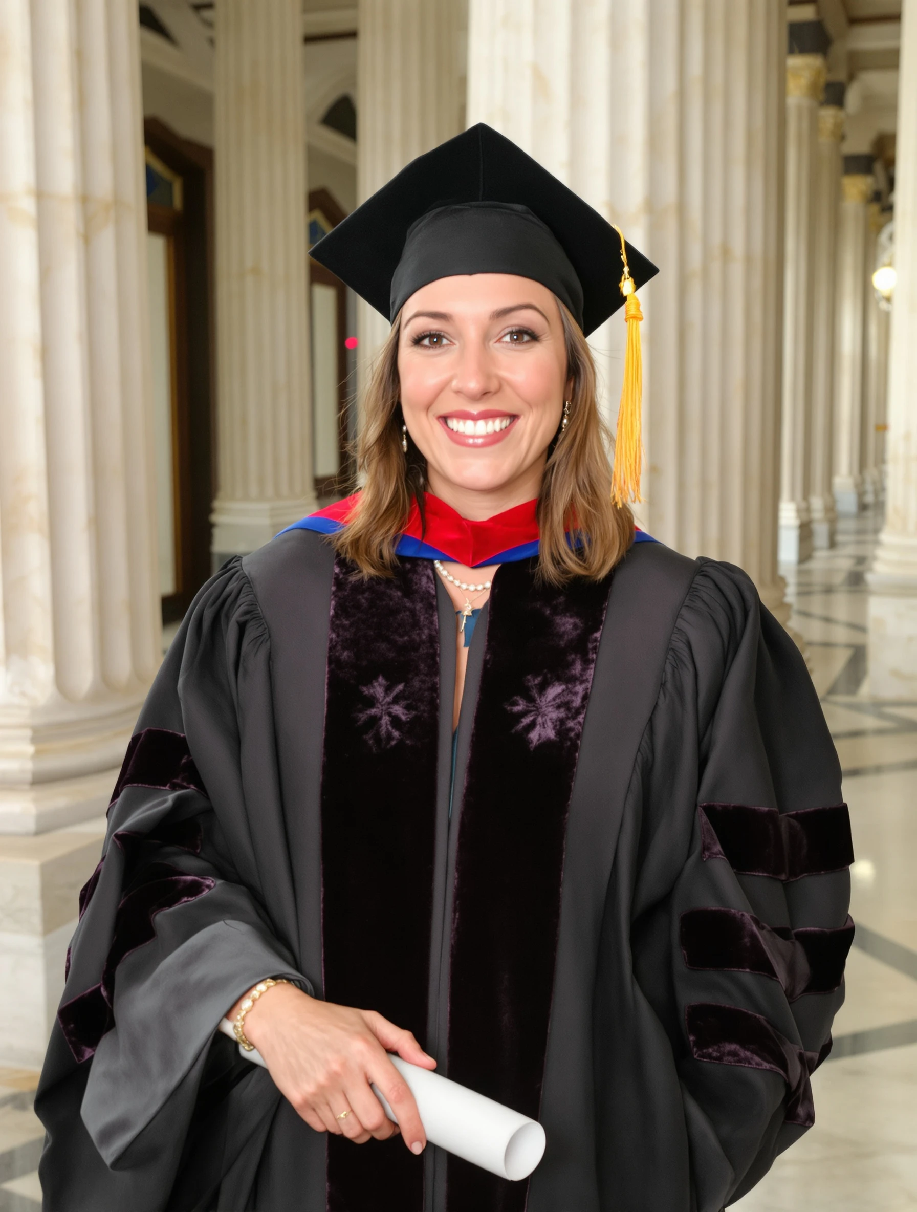 Woman in a doctoral gown with velvet chevrons and a tam, holding her rolled diploma, standing in a marble university hallway with tall columns, dignified smile.