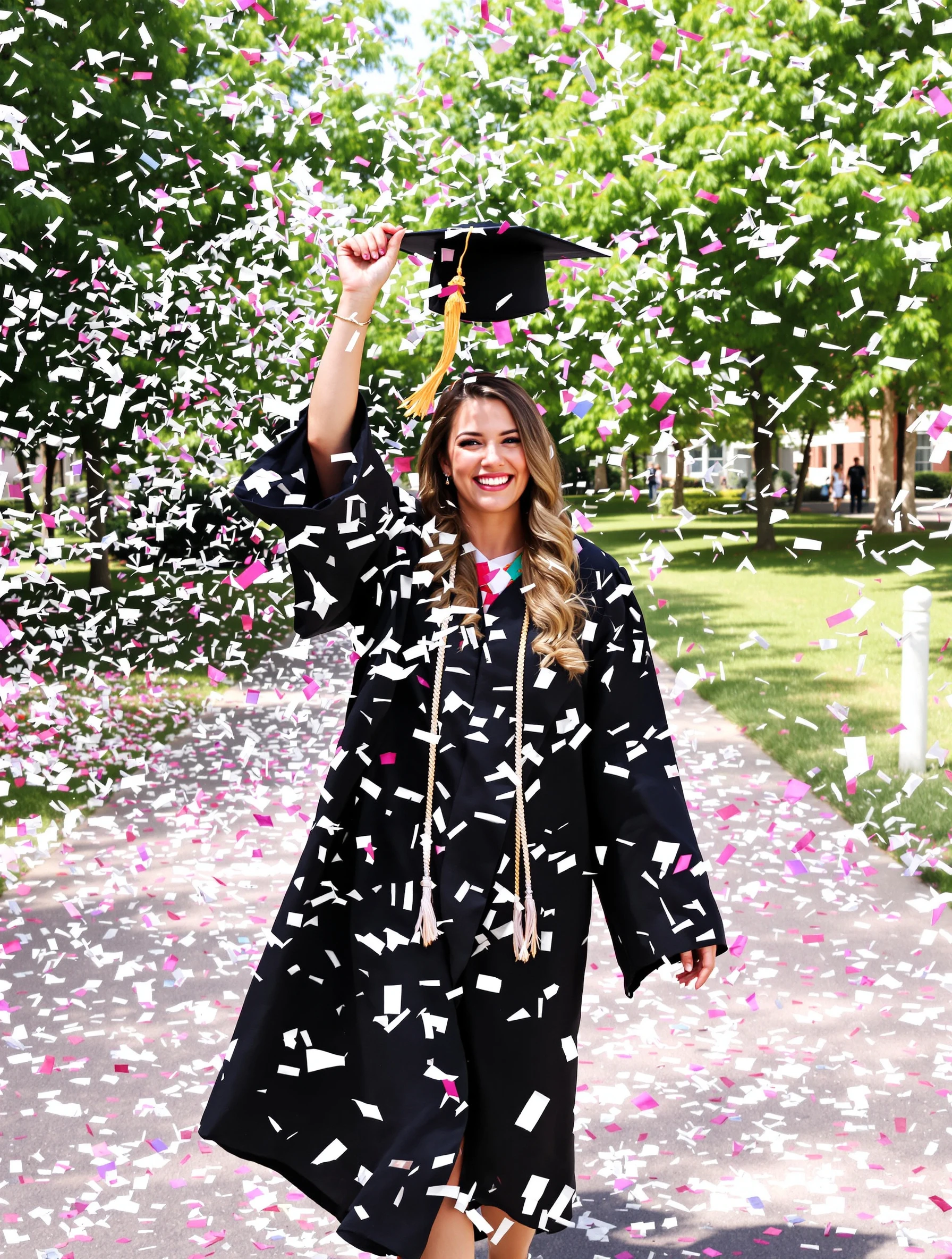 Woman in a graduation gown walking through a shower of confetti on a sunny campus path, laughing, cap held on with one hand.