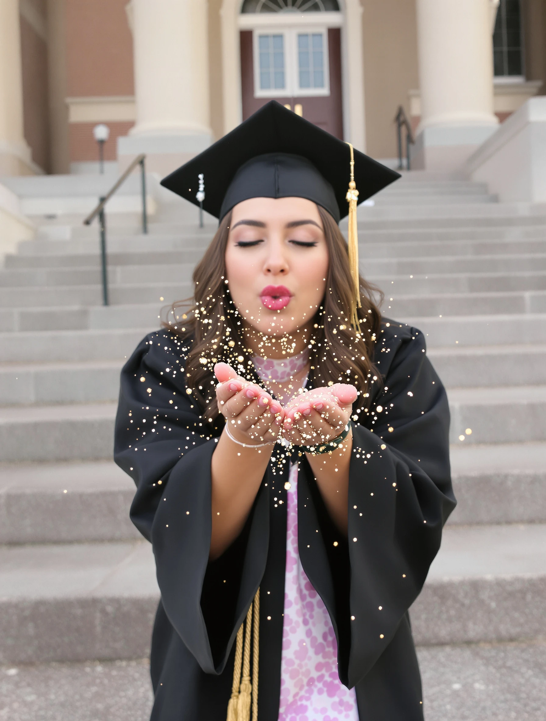 Woman in her graduation gown blowing a handful of gold glitter toward the camera on the campus steps, glitter sparkling mid-air, joyful expression.
