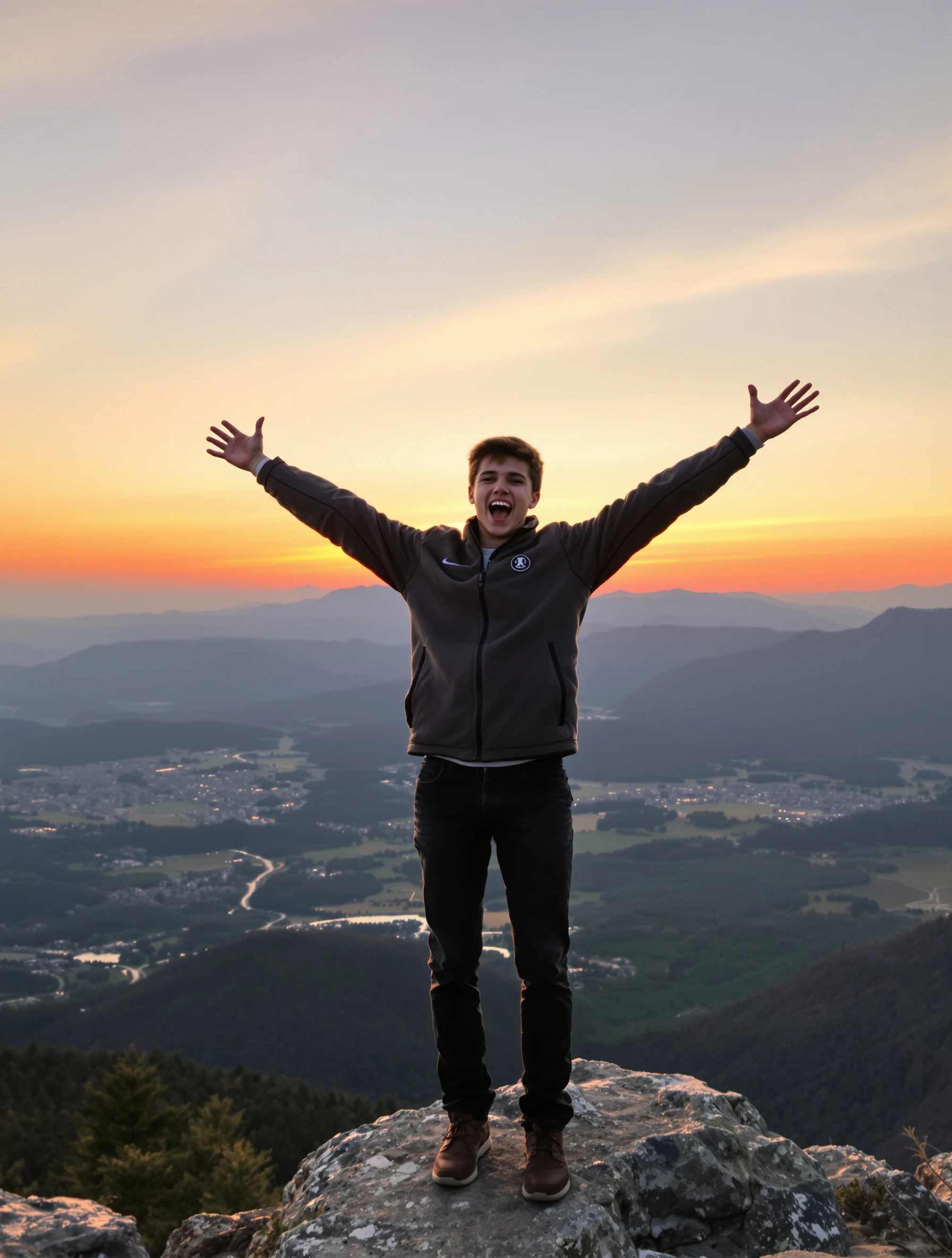 High school senior, 18, standing at the edge of a mountain overlook at sunset, arms spread wide, fleece jacket, wide-open valley below, joyful shout of celebration.