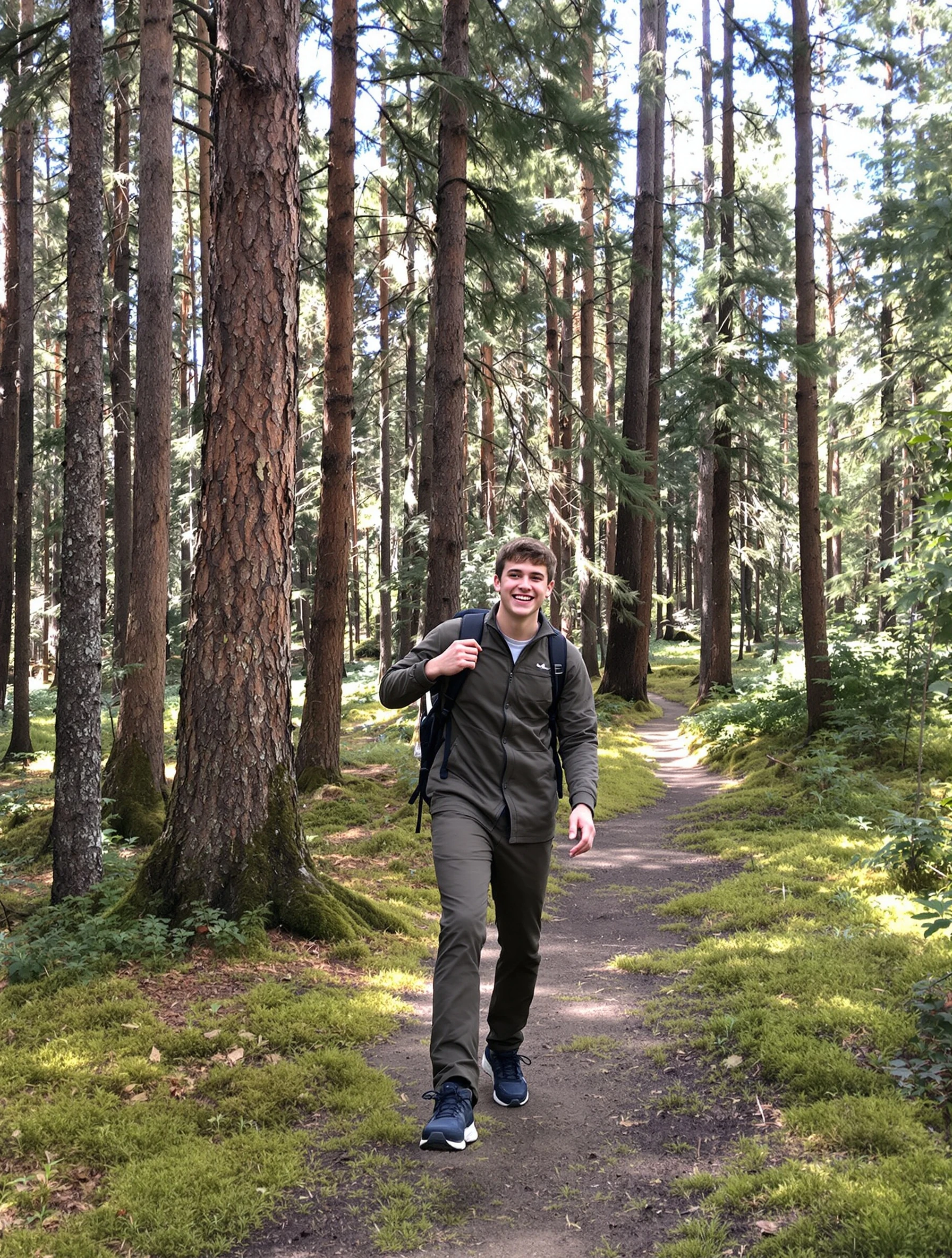 High school senior boy, 18, in a forest trail of tall pines, olive jacket and backpack, mid-step on a mossy path, genuine laugh, dappled sunlight through the trees.