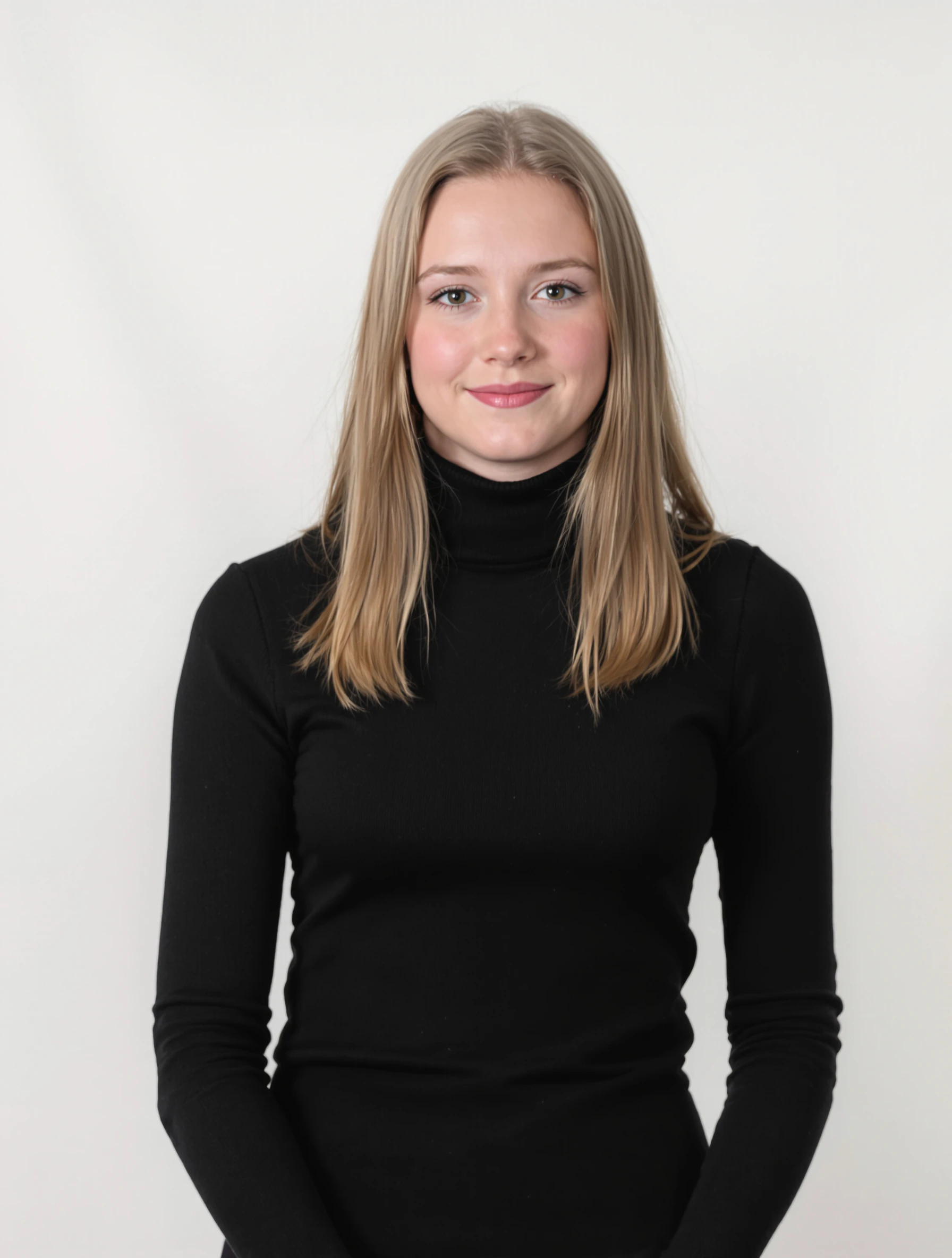 High school senior girl, 18, in a clean white studio against a seamless backdrop, wearing a fitted black turtleneck, hands loosely at her sides, direct calm gaze, editorial lighting.