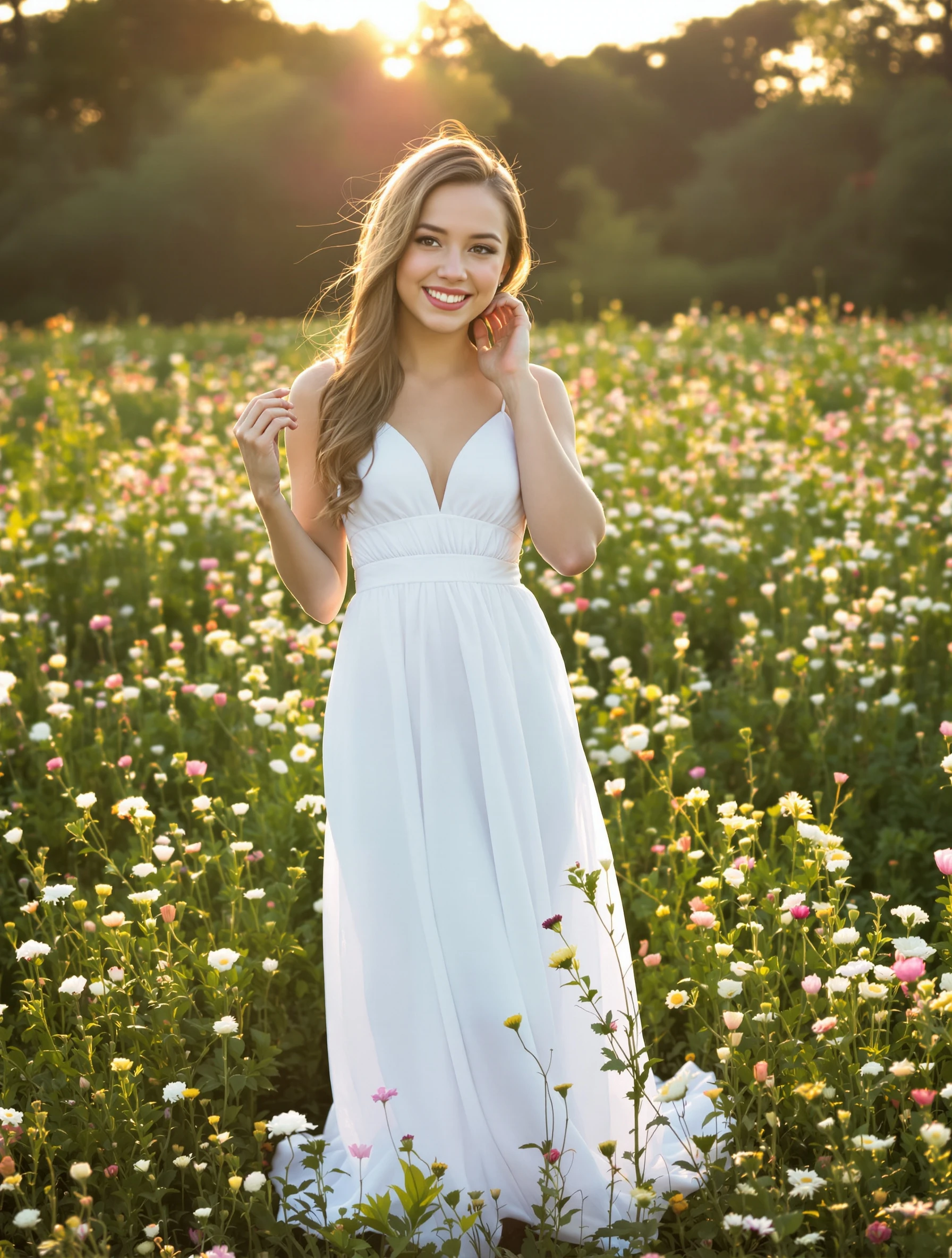 High school senior girl, 18, in a flowing white sundress standing in a wildflower meadow at golden hour, one hand touching her hair, soft warm smile, backlit sun flare.