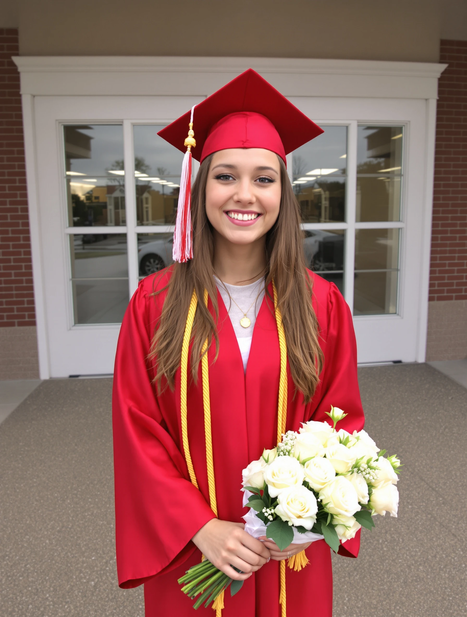 High school senior girl, 18, in a red cap and gown holding a bouquet of white roses, standing in front of her school's front doors, beaming proud smile, soft overcast light.