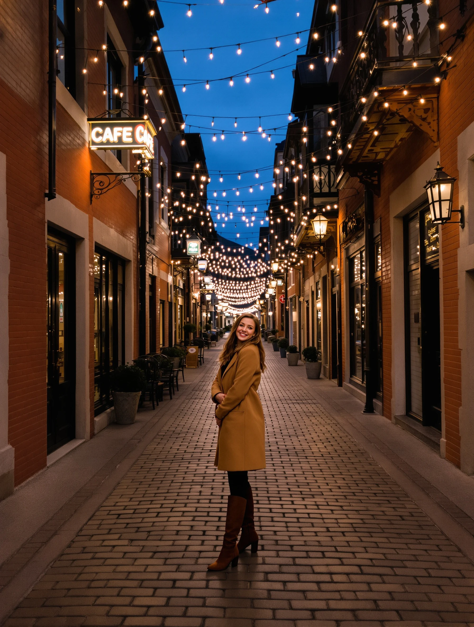 High school senior girl, 18, walking down a cobblestone alley strung with cafe lights at dusk, camel coat and boots, looking back over her shoulder with a smile.