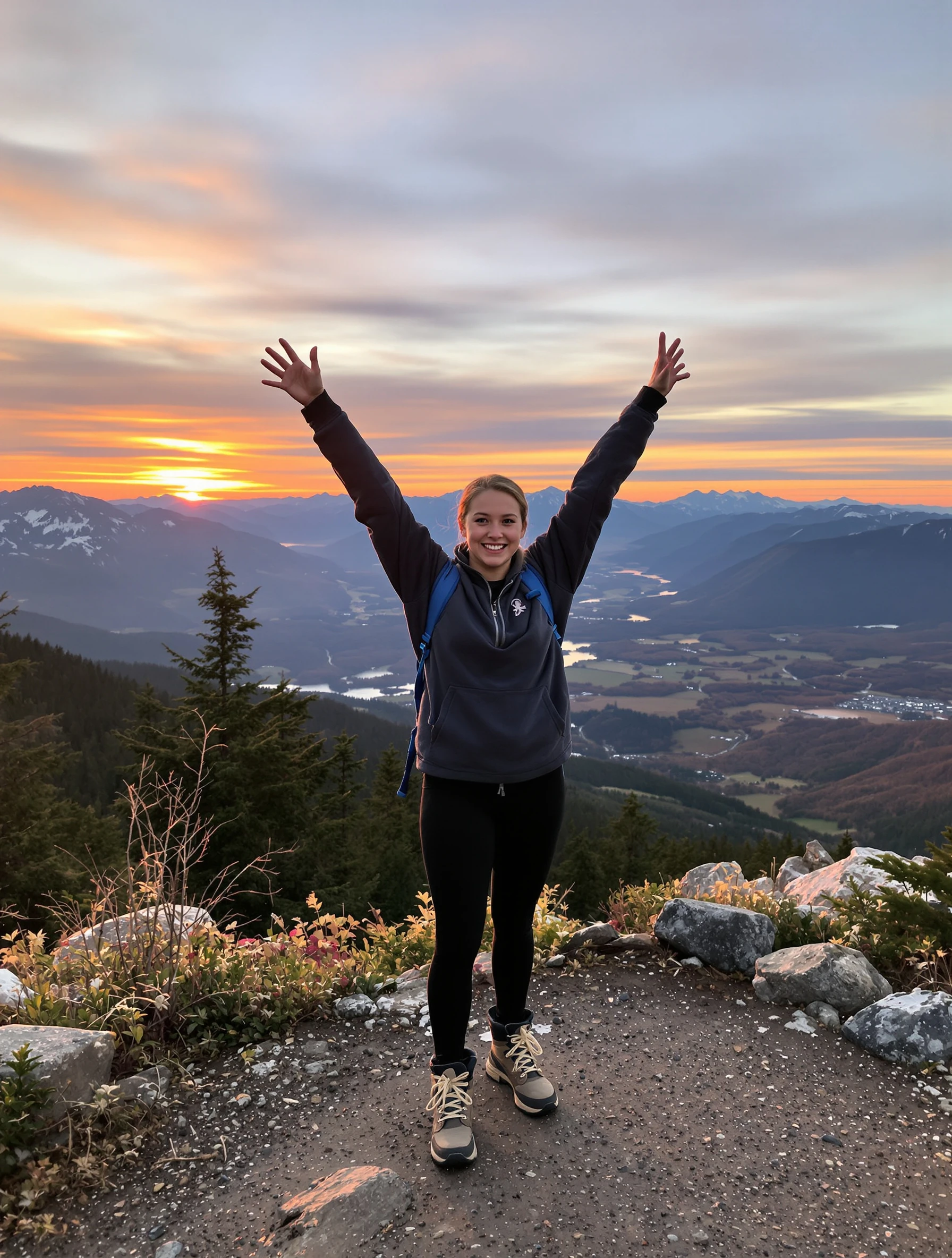 Senior girl, 18, standing at a mountain overlook at sunset in hiking boots and a fleece, arms raised in celebration, sweeping valley view behind her.