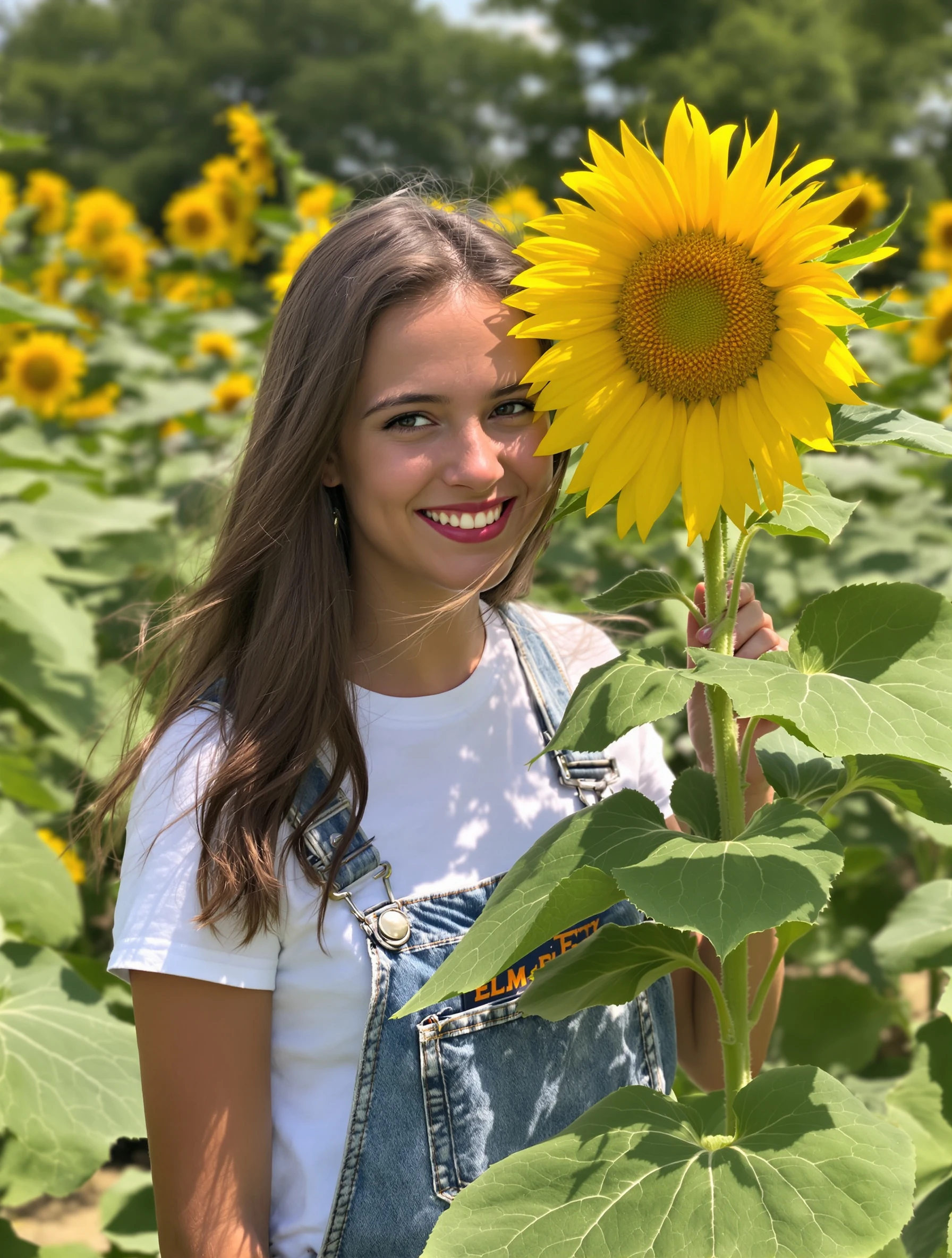 Senior girl, 18, standing in a sunflower field in denim overalls and a white tee, holding one sunflower up next to her face, playful smile, bright summer light.