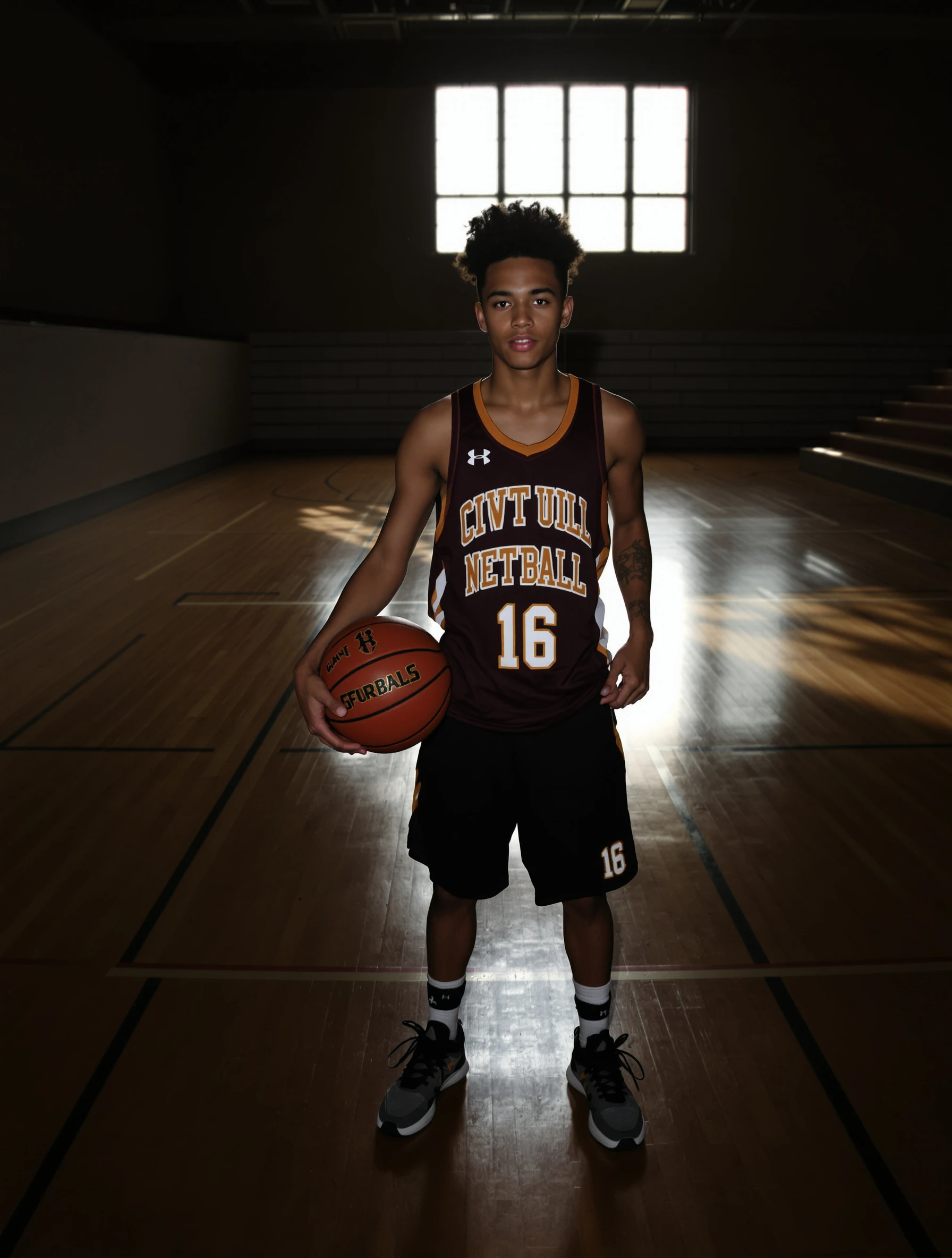Senior guy, 18, in a basketball gym holding a ball on his hip, wearing his team jersey, dramatic window light across the hardwood floor, serious competitive expression.
