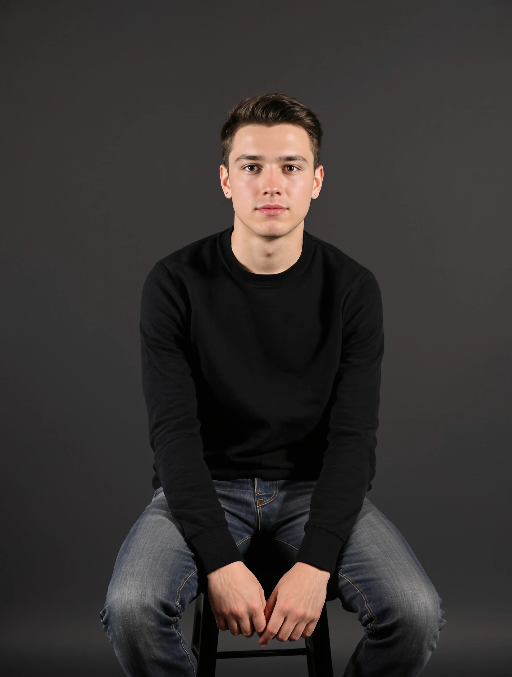 Senior guy, 18, seated on a stool in a clean studio against a charcoal seamless backdrop, black crewneck sweater, elbows on knees, direct calm gaze, soft single-light portrait.
