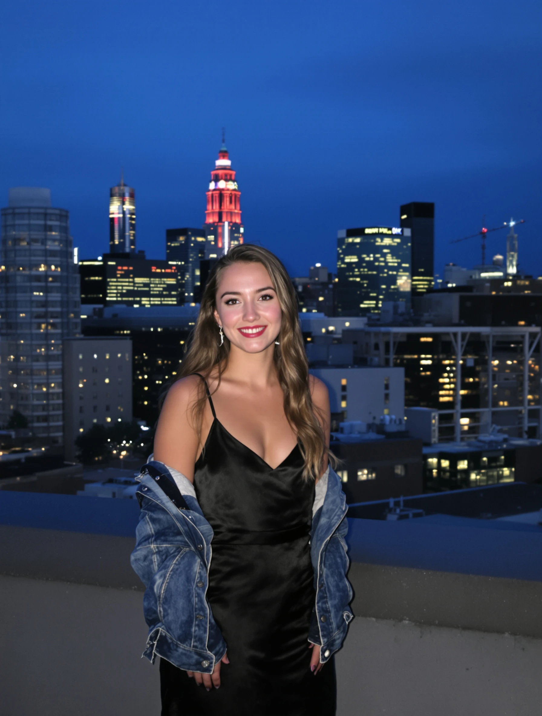 Senior portrait of a girl, 18, on a city rooftop at blue hour in a black satin slip dress and denim jacket, skyline glowing behind her, relaxed confident pose.