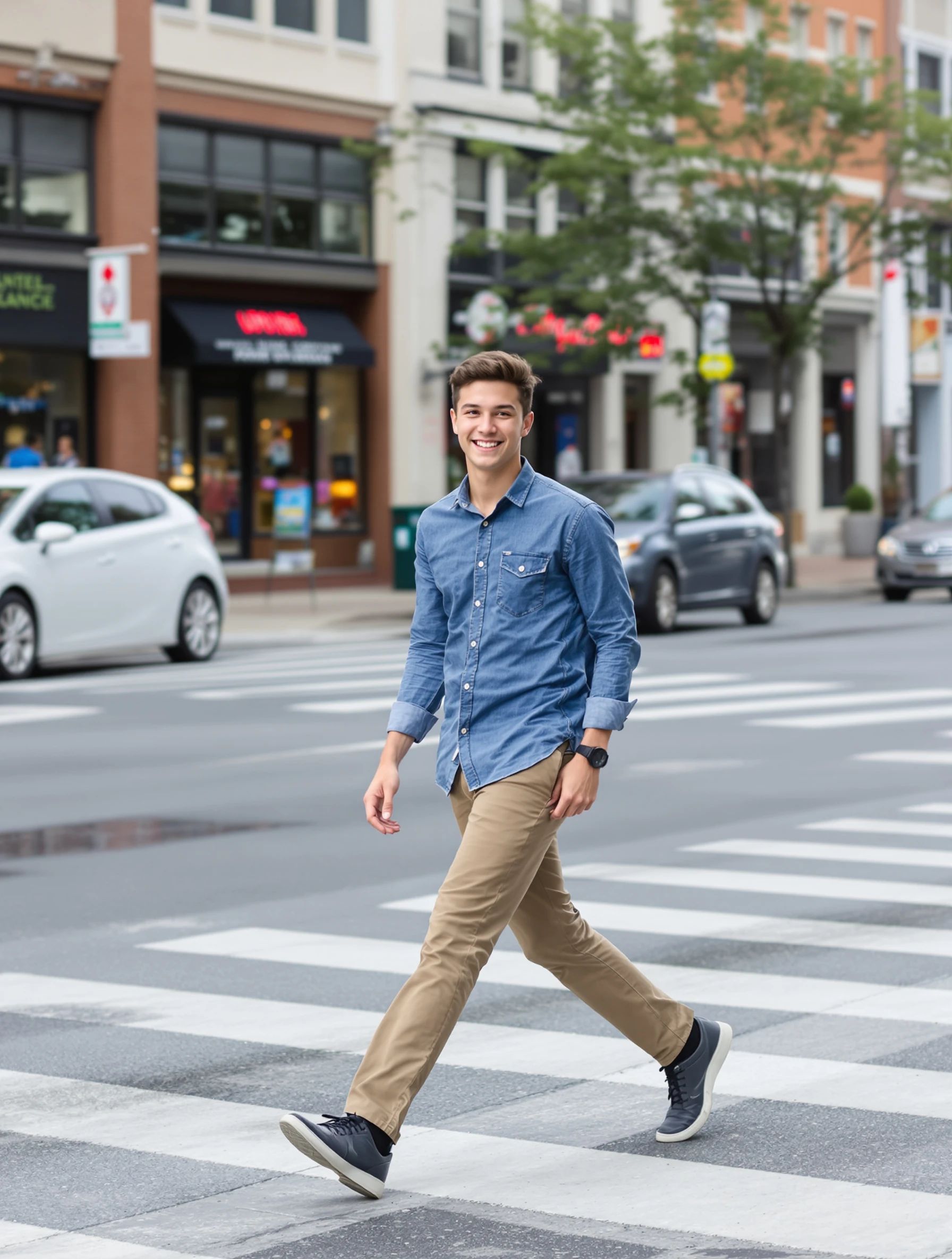 Senior portrait of a guy, 18, crossing a downtown crosswalk mid-stride in a denim shirt and chinos, blurred cars and storefronts behind him, looking at the camera with a grin.