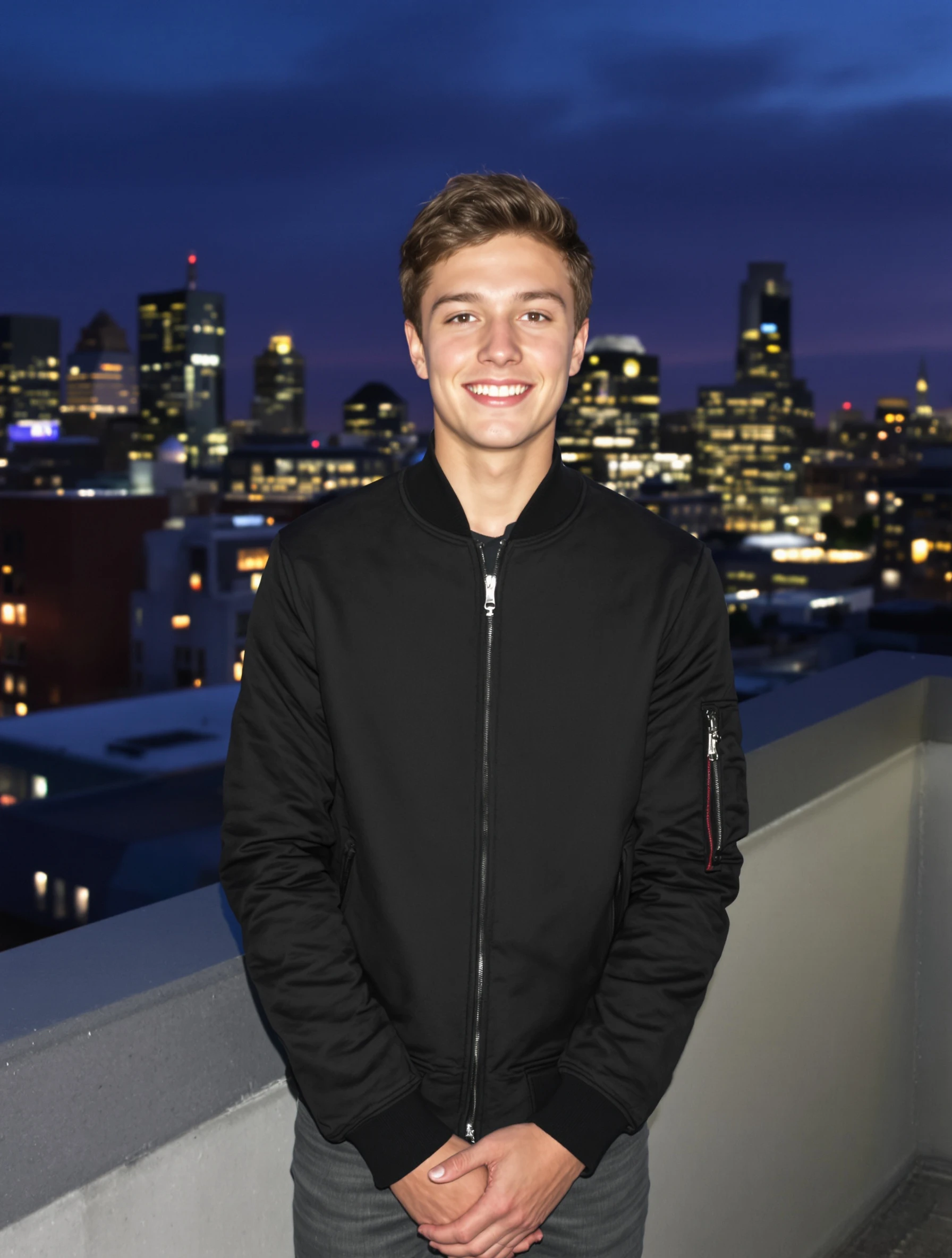 Senior portrait of a guy, 18, standing on a city rooftop at blue hour in a fitted black bomber jacket, skyline lights behind him, hands clasped in front, confident half smile.