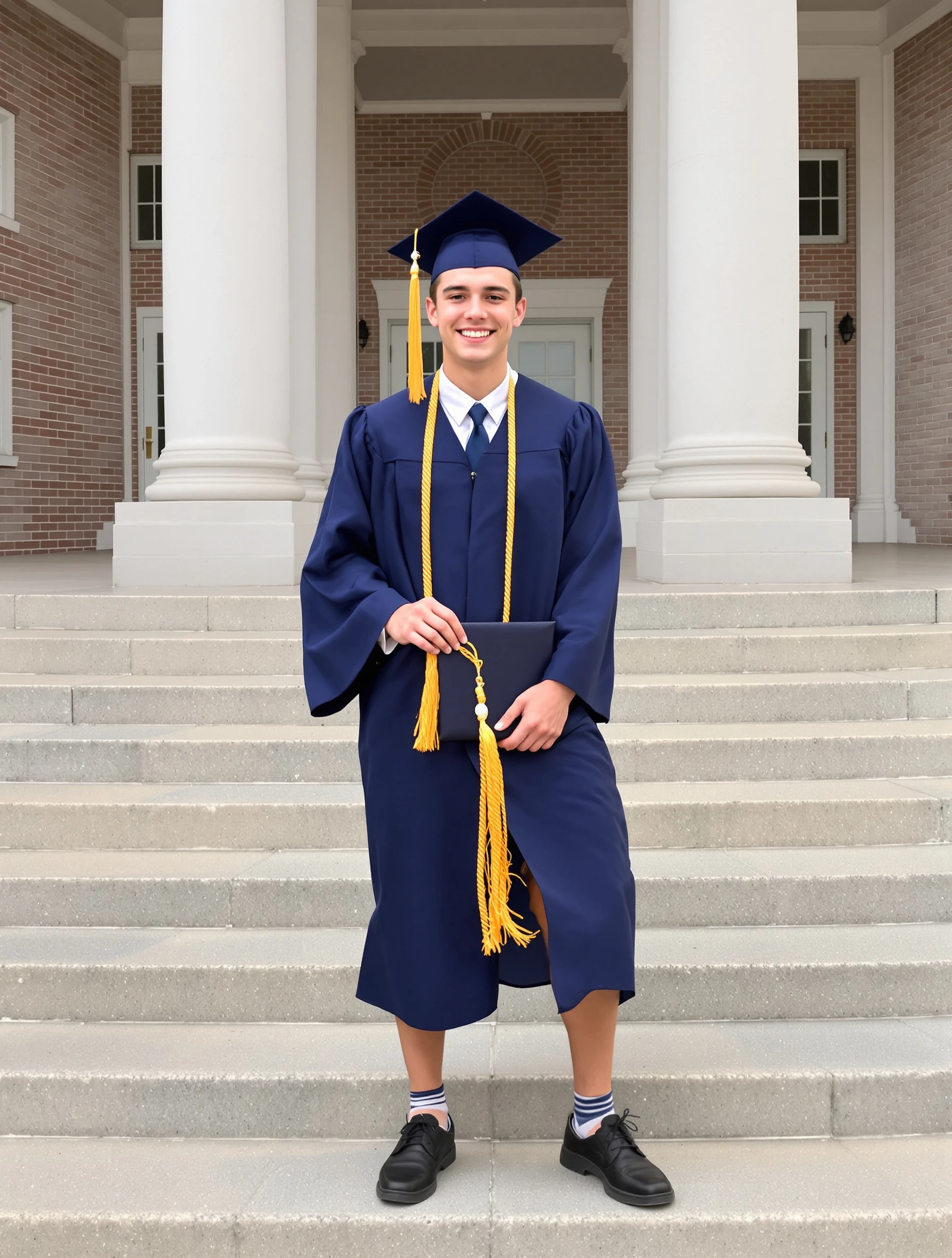 Senior portrait of a young man, 18, in a navy cap and gown holding the tassel, standing on the concrete steps of his high school, proud smile, soft overcast light.