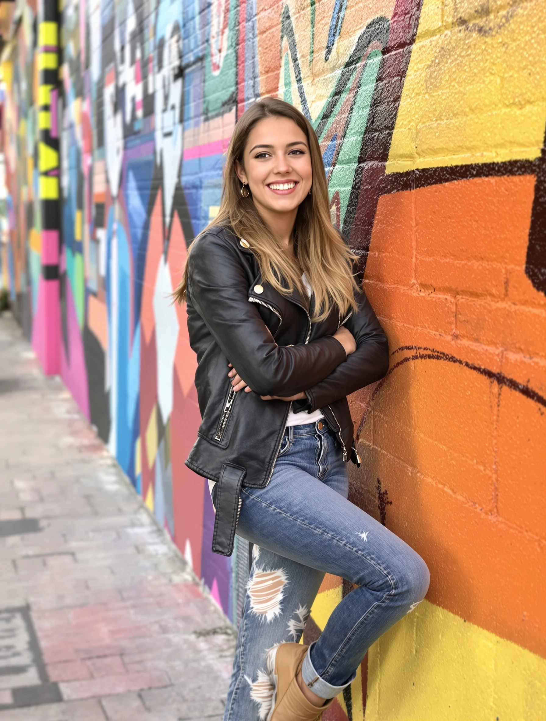 Senior portrait of a young woman, 18, leaning against a downtown mural wall in a leather jacket and jeans, arms crossed, confident smile, bold colors behind her.