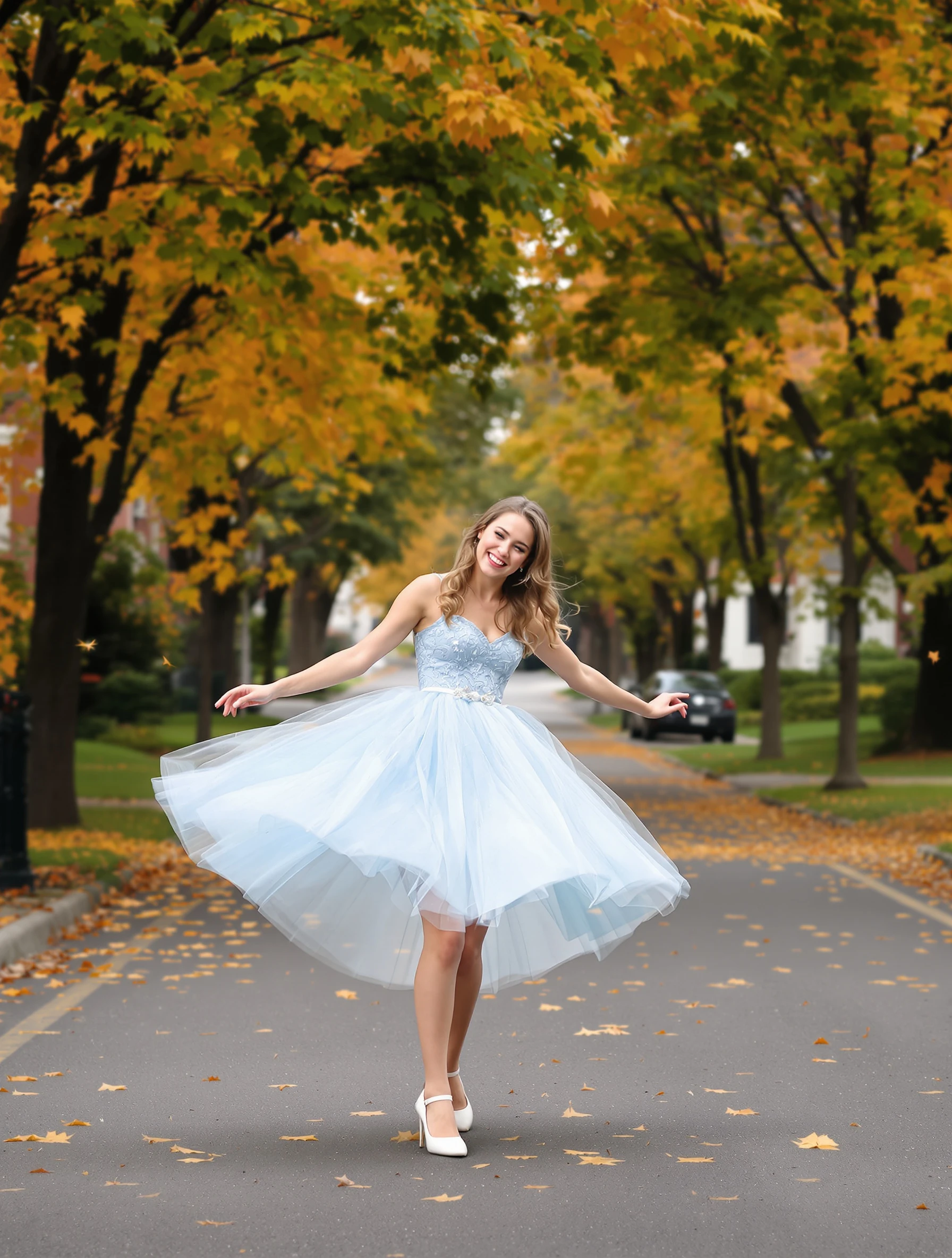 Senior portrait of a young woman, 18, twirling in a pale blue tulle dress on a quiet tree-lined street in autumn, orange leaves falling, laughing mid-spin.