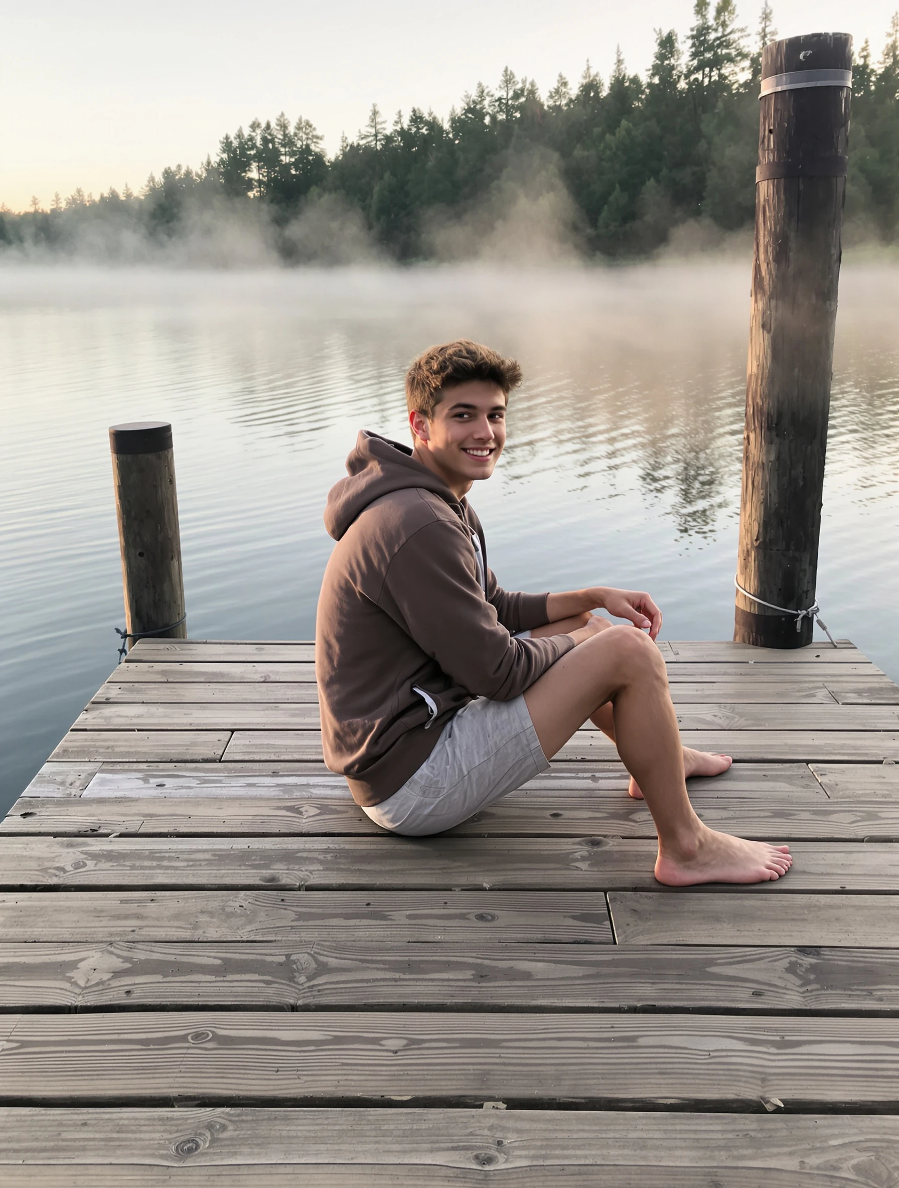 Young man, 18, sitting on a wooden lake dock at sunrise with bare feet over the water, hoodie and shorts, looking back over his shoulder at the camera with a calm smile, mist on the lake.