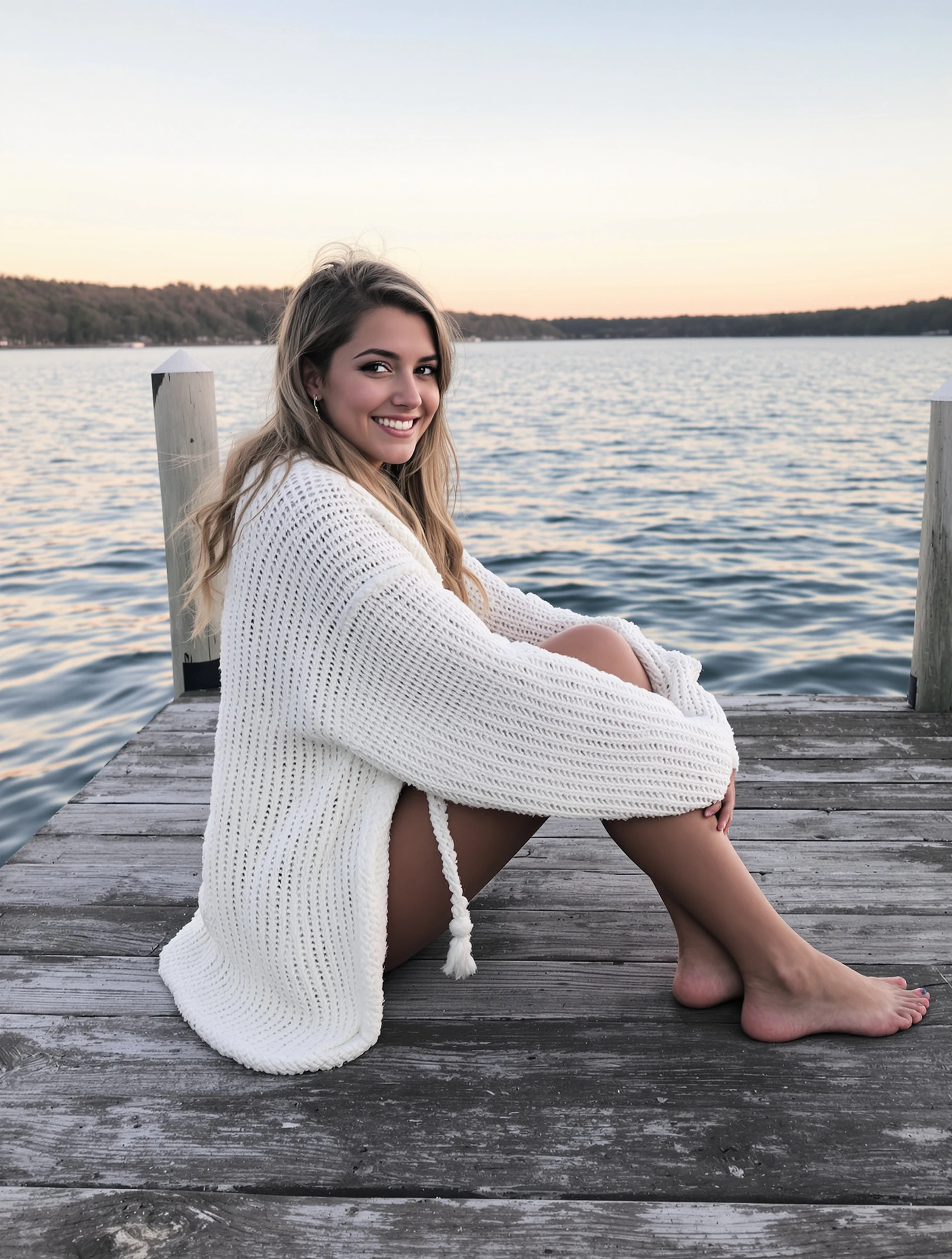 Young woman, 18, sitting on a weathered wooden dock at the lake at sunrise, knees pulled up, oversized knit cardigan, looking out at the water then back at the camera with a soft smile.