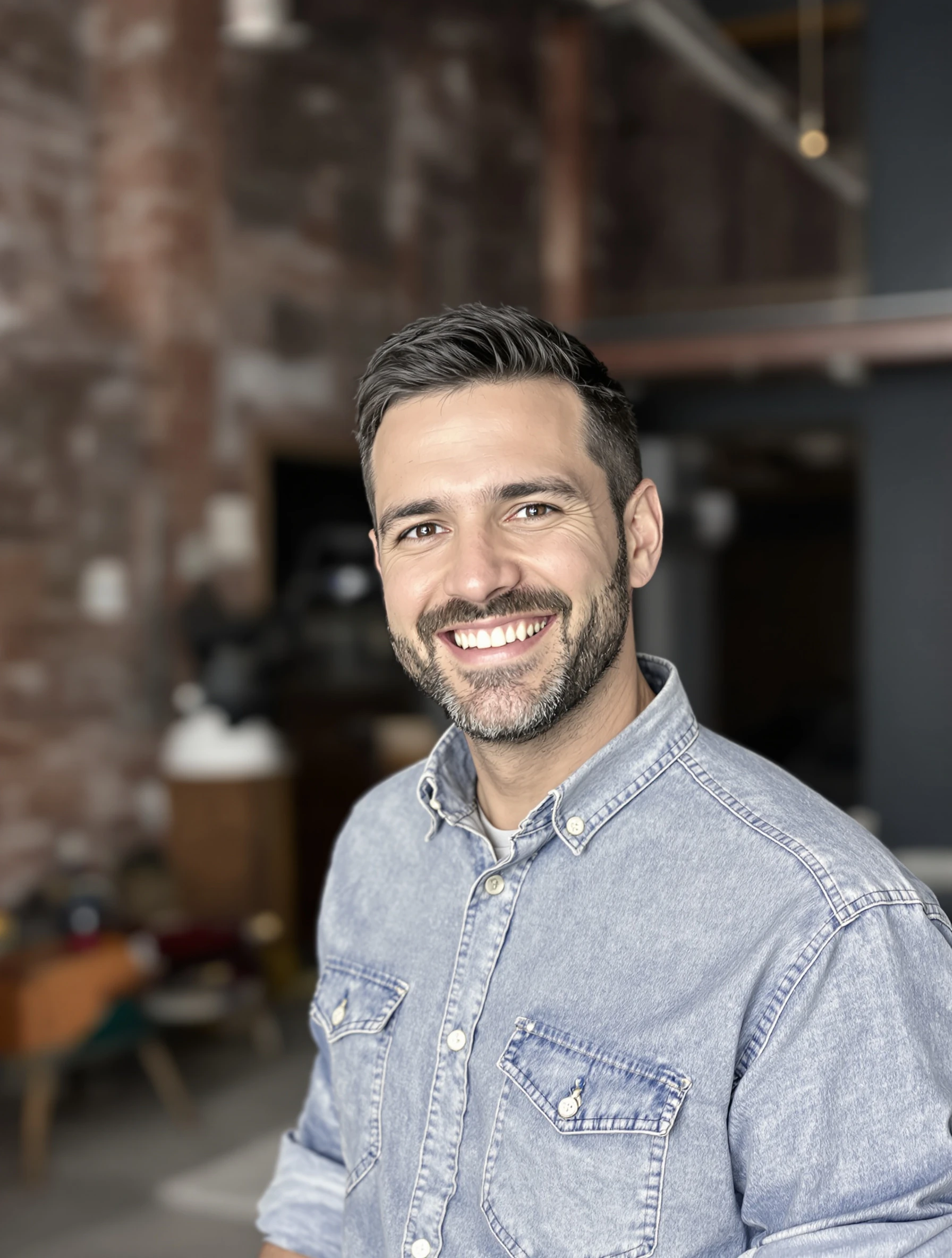 Creative-industry headshot of a man in a chambray denim shirt with sleeves rolled, exposed brick loft blurred behind, relaxed grin.