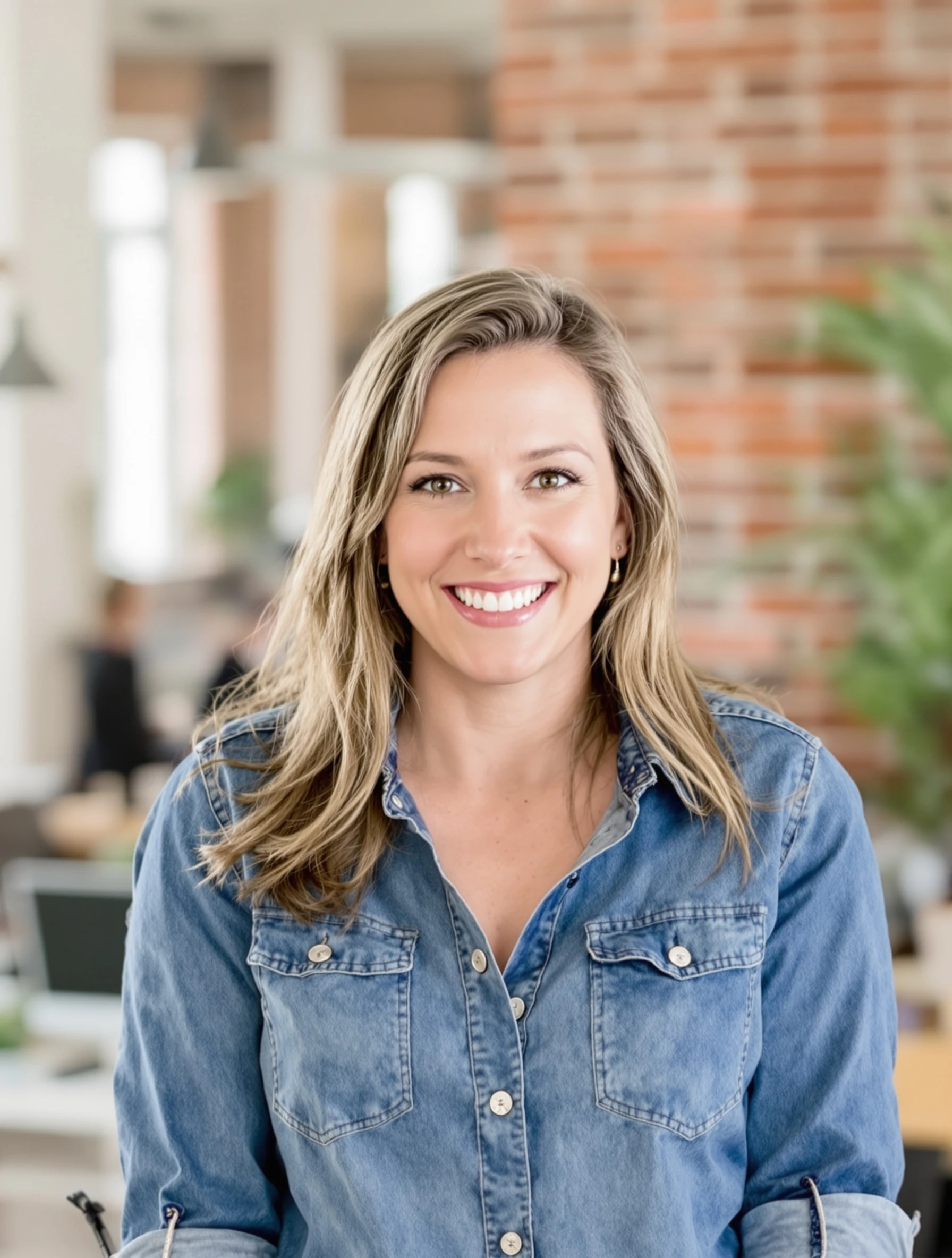 Creative-industry headshot of a woman in a chambray denim shirt with sleeves rolled, exposed brick office blurred behind, relaxed genuine smile.