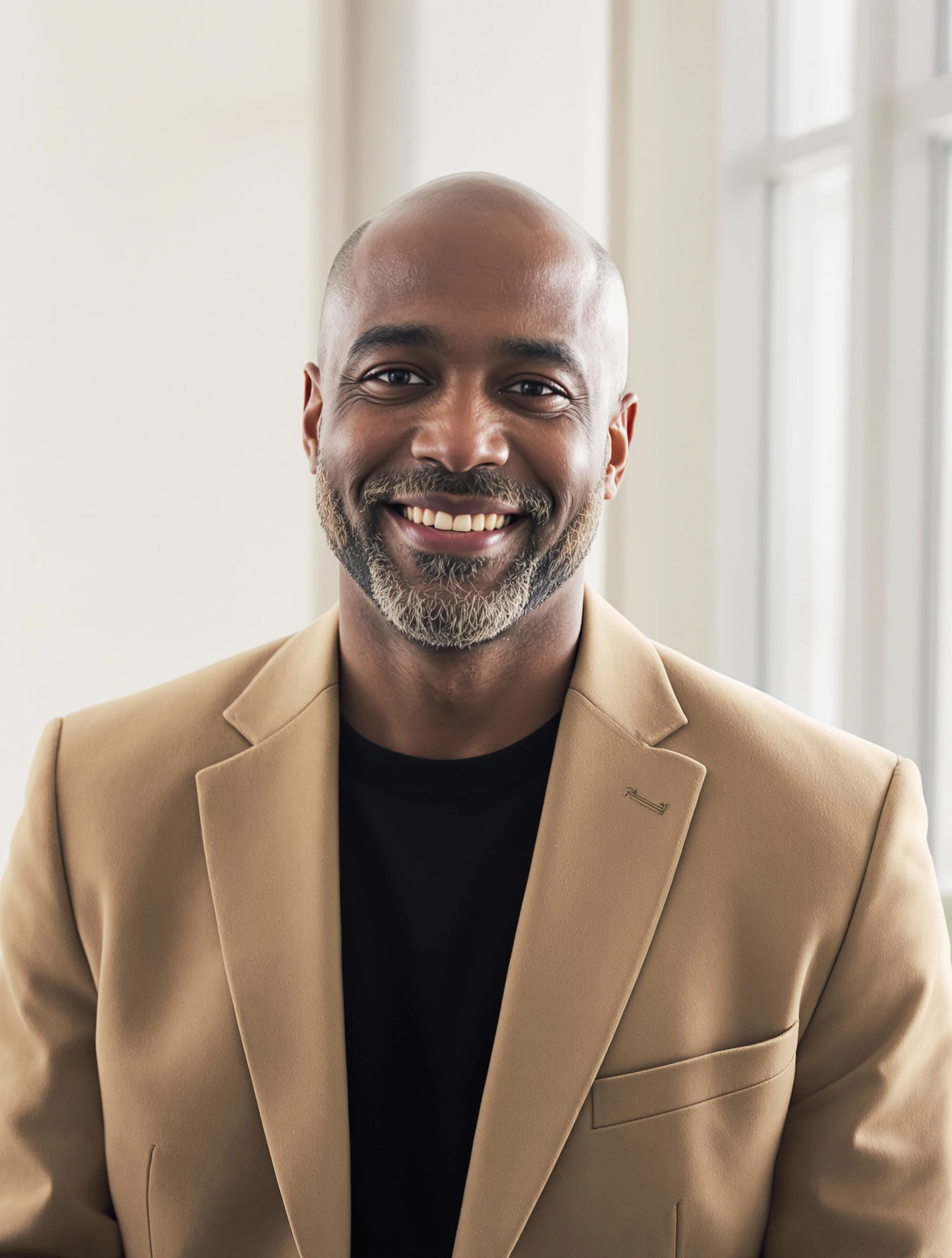 Headshot of a man in a camel unstructured blazer over a black tee, soft window light, elegant relaxed smile.