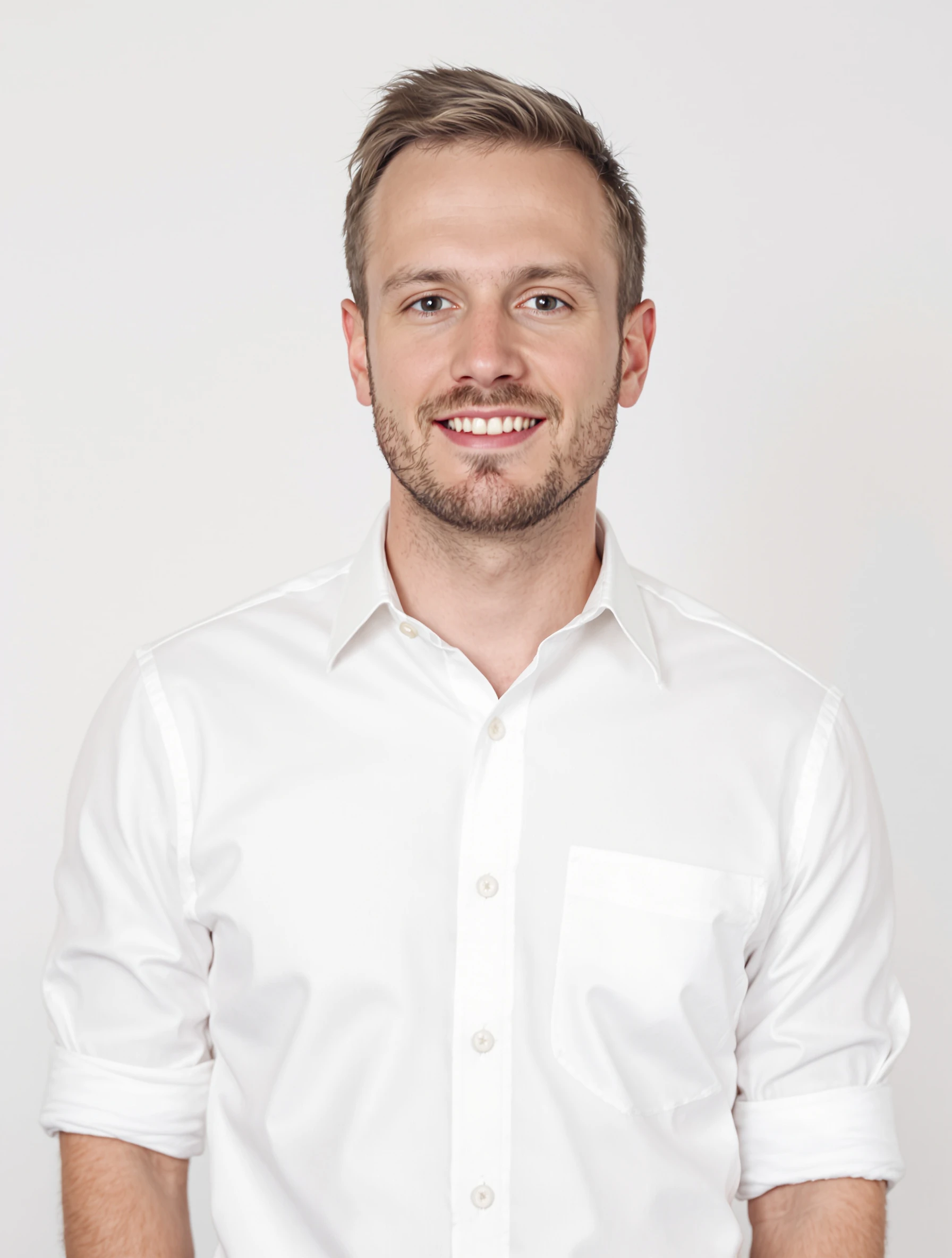 Headshot of a man in a crisp white dress shirt with the sleeves rolled, no jacket, clean studio backdrop, direct confident look.