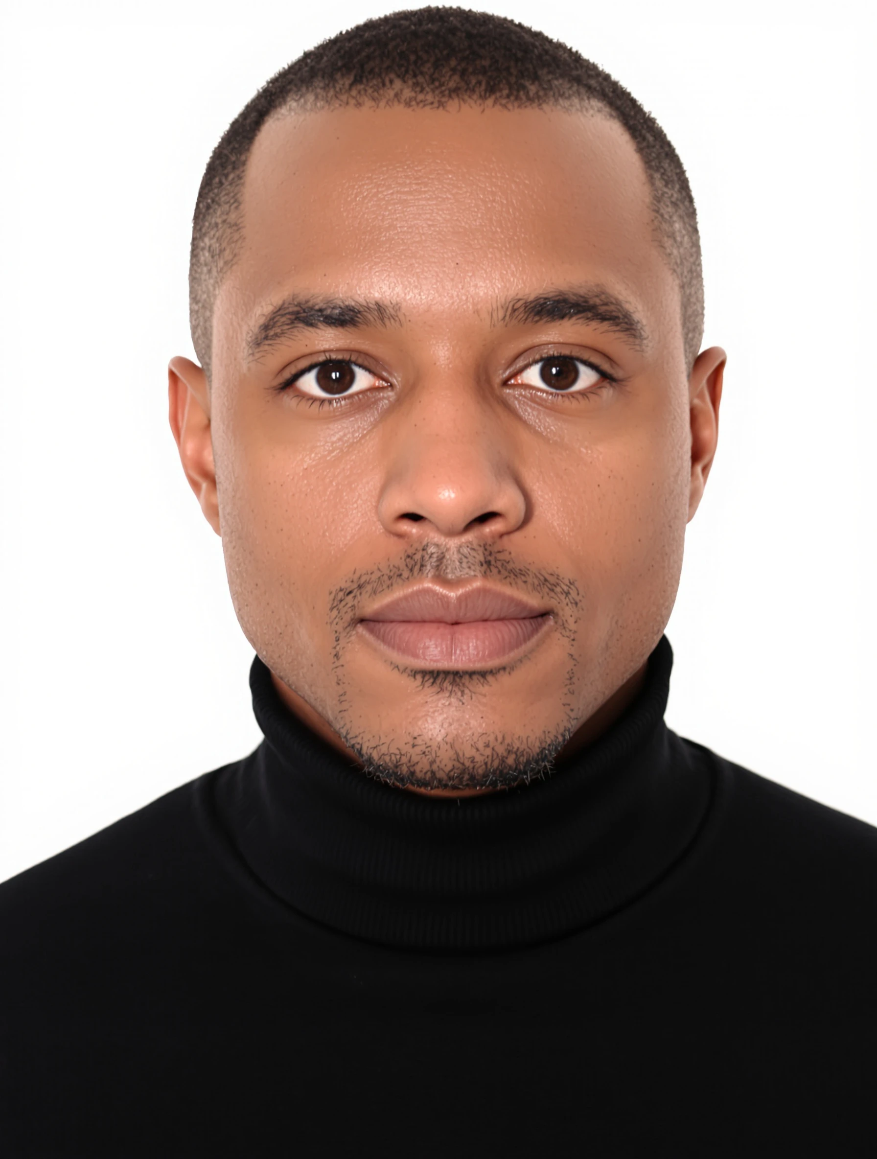 Headshot of a man in a fitted black turtleneck, clean white backdrop, calm direct gaze, minimal modern look.