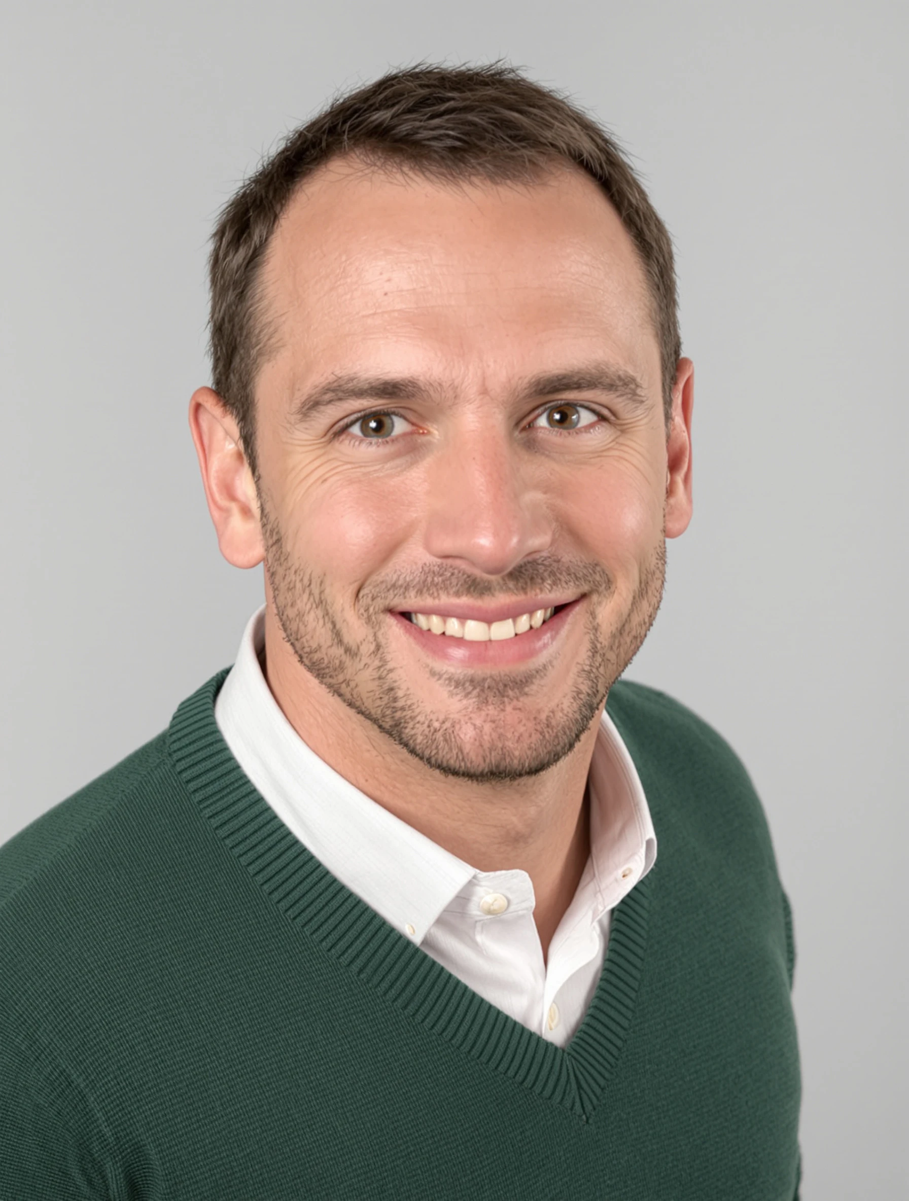 Headshot of a man in a forest green merino v-neck sweater over a white collared shirt, soft grey backdrop, warm smile.