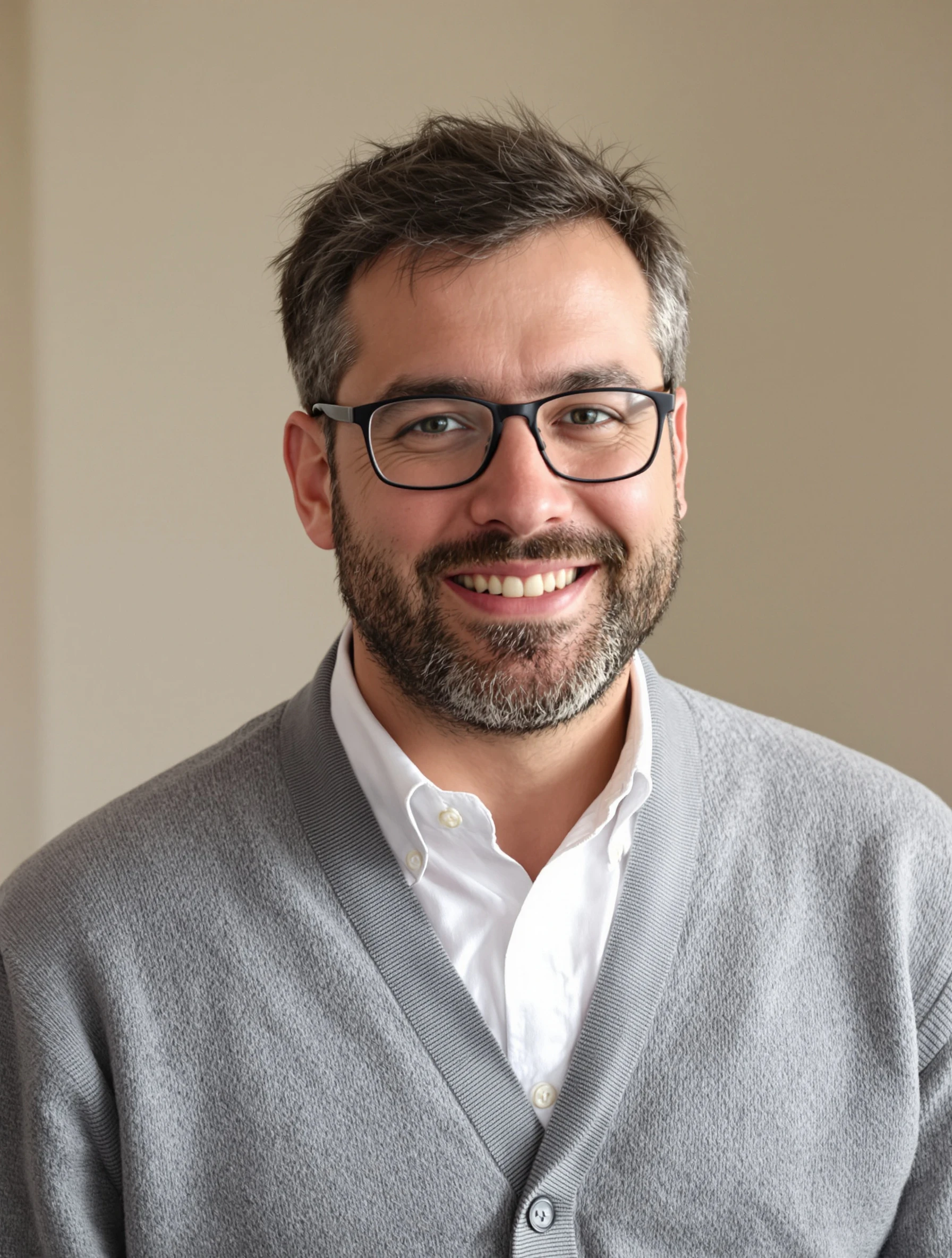 Headshot of a man in a grey cardigan over a white oxford shirt, glasses, soft natural light, approachable academic look.